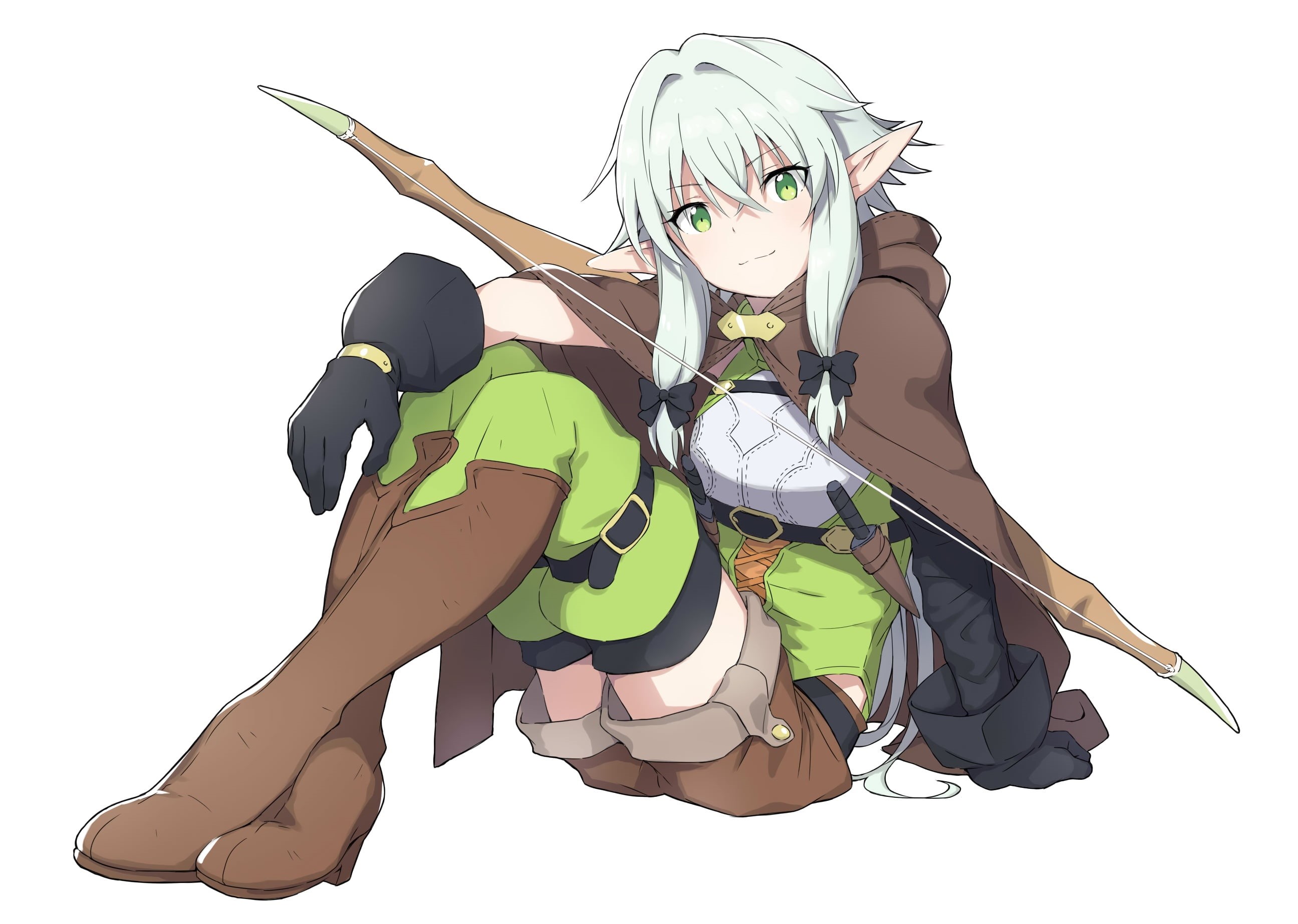 Green Eyes, Shorts, 2K, Girl, Elf, Anime, High Elf Archer (Goblin Slayer), Sitting, Glove, Goblin Slayer, Pointed Ears, Bow, Boots, HD Wallpaper