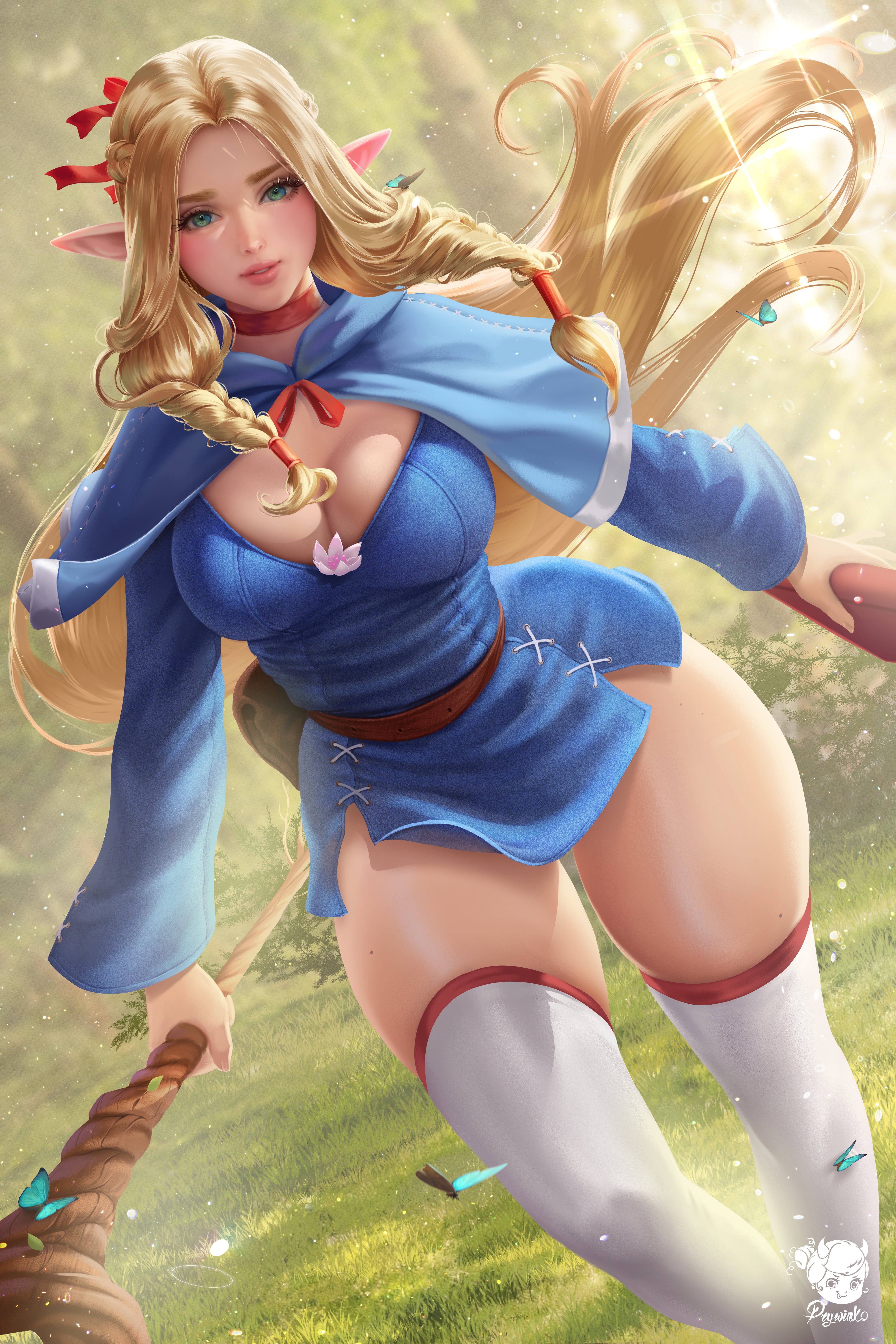 elf ears, watermarked, marcille, digital art, blond hair, portrait display, thighs, 5K, Prywinko, blue clothing, anime girls, Delicious in Dungeon, artwork, Phone HD Wallpaper