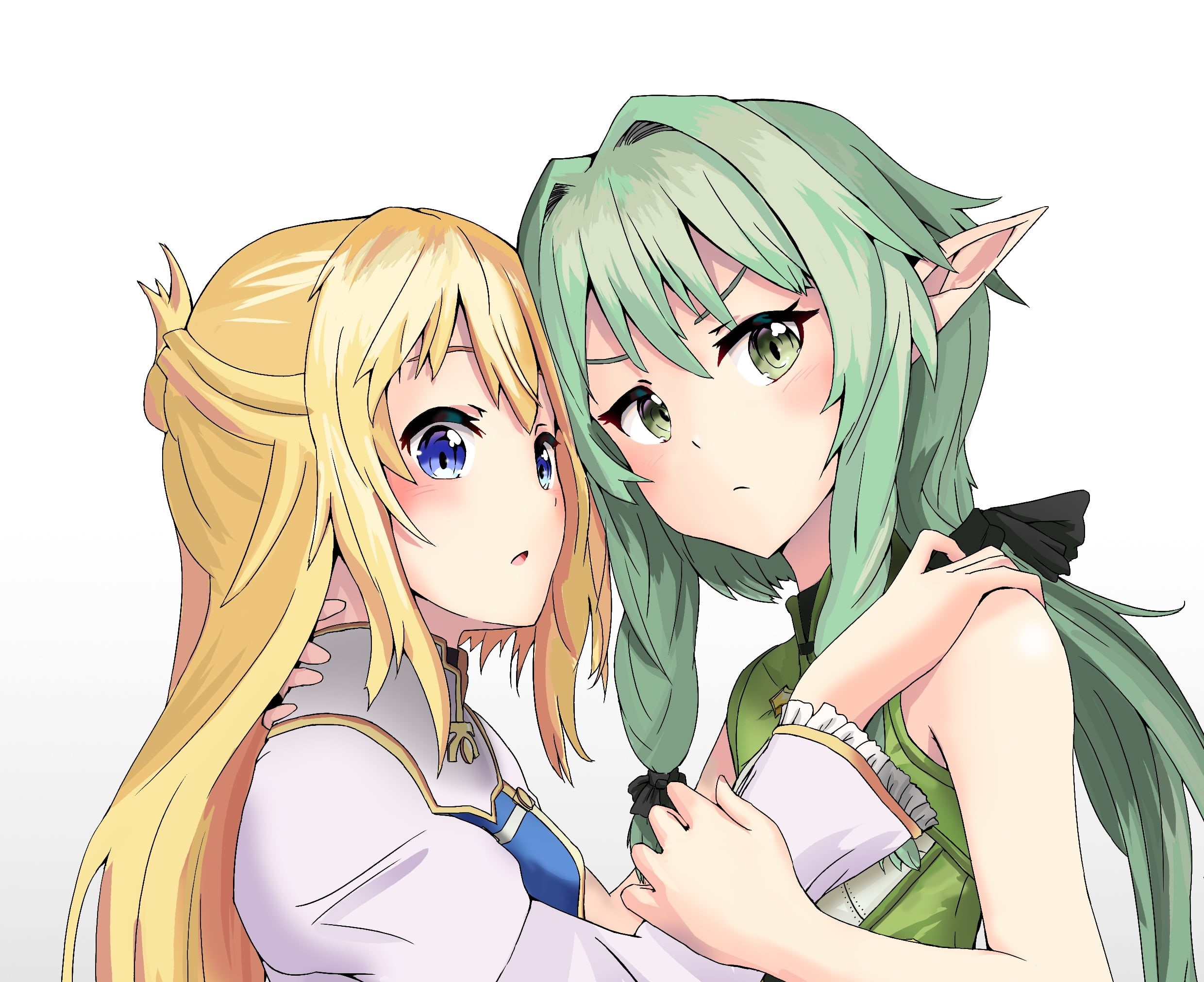 Green Eyes, Priestess (Goblin Slayer), Goblin Slayer, Blush, Girl, High Elf Archer (Goblin Slayer), Blue Eyes, Green Hair, Elf, Long Hair, 1080P, Blonde, HD Wallpaper