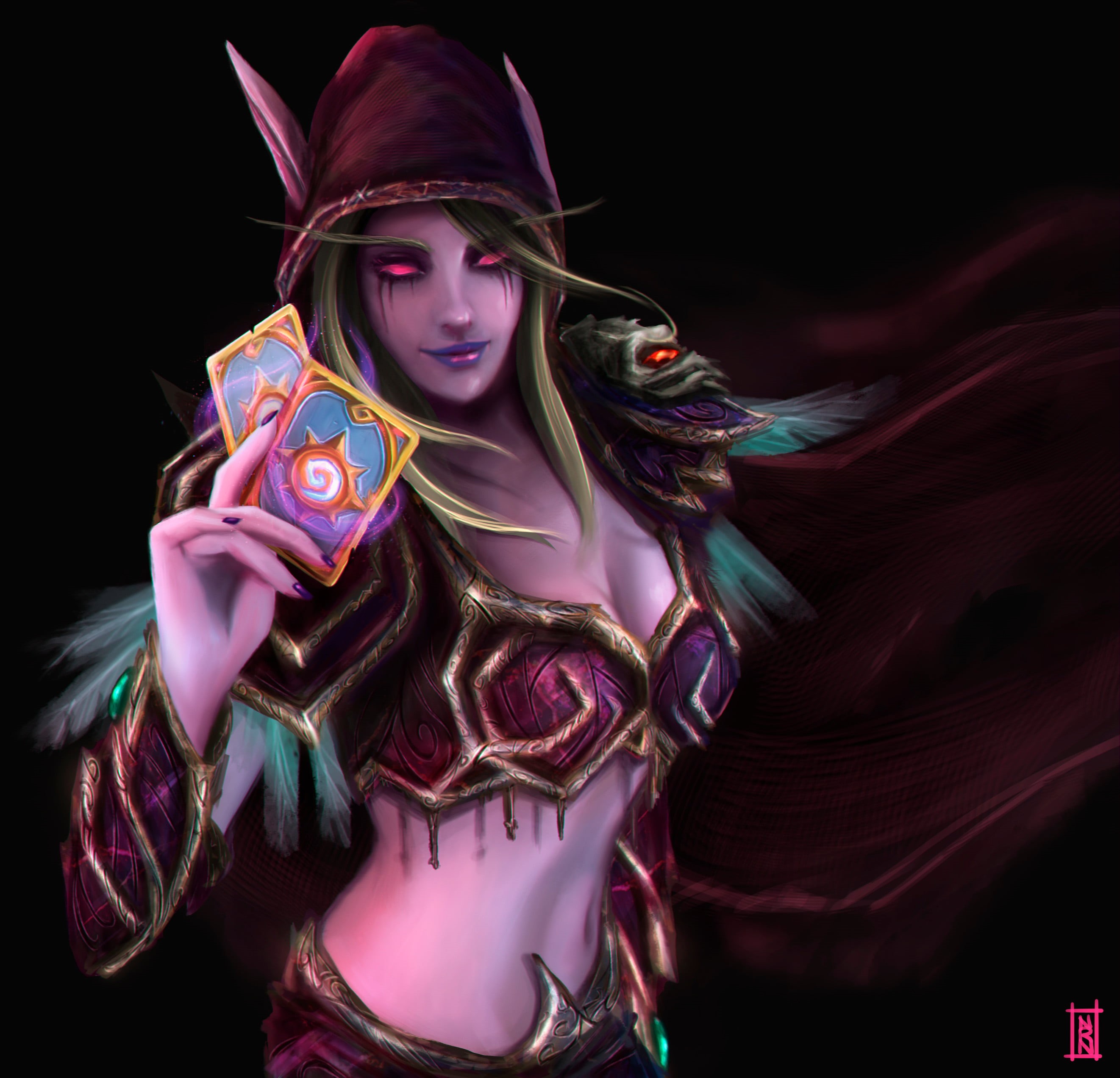 bare midriff, artwork, cleavage, World of Warcraft, digital art, Natalia Romero Núñez, 2K, digital painting, belly, High Elf, playing cards, fan art, pointed ears, HD Wallpaper