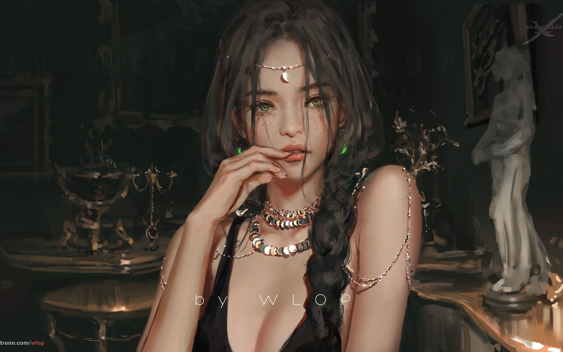 artwork, brunette, women, jewels, fantasy art, fantasy girl, necklace, 720P, bare shoulders, braids, WLOP, illustration, digital art, finger on lips, green eyes, HD Wallpaper