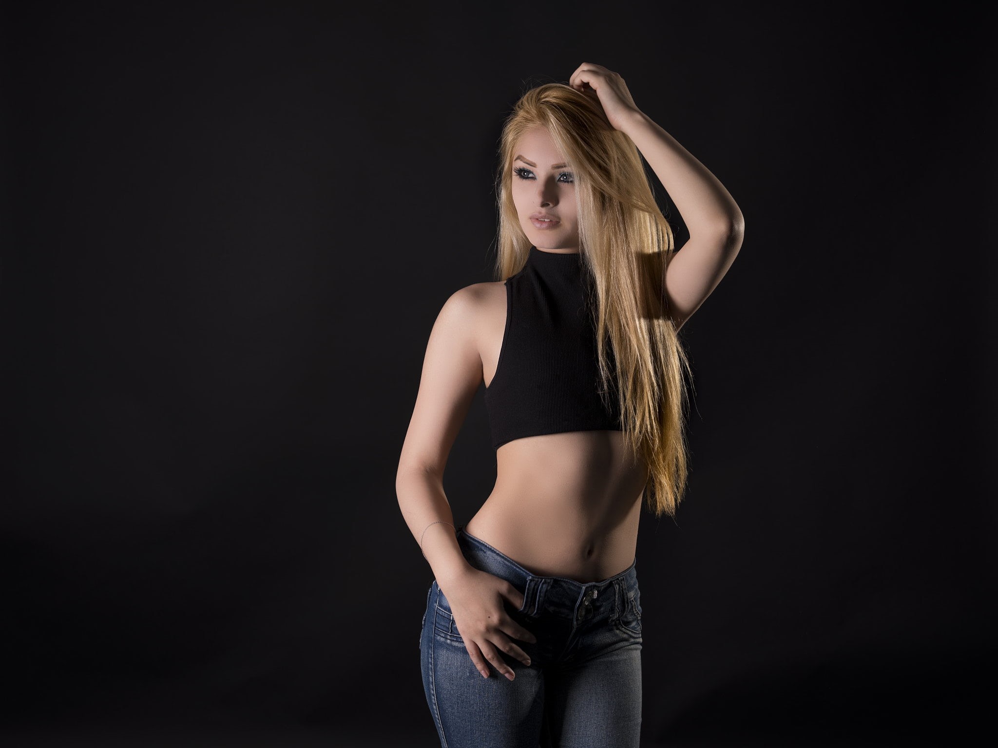 hairstyle, adult, studio shot, blond hair, long hair, belly, indoors, brunette, young adult, hair, 1080P, one person, beautiful woman, looking at camera, HD Wallpaper