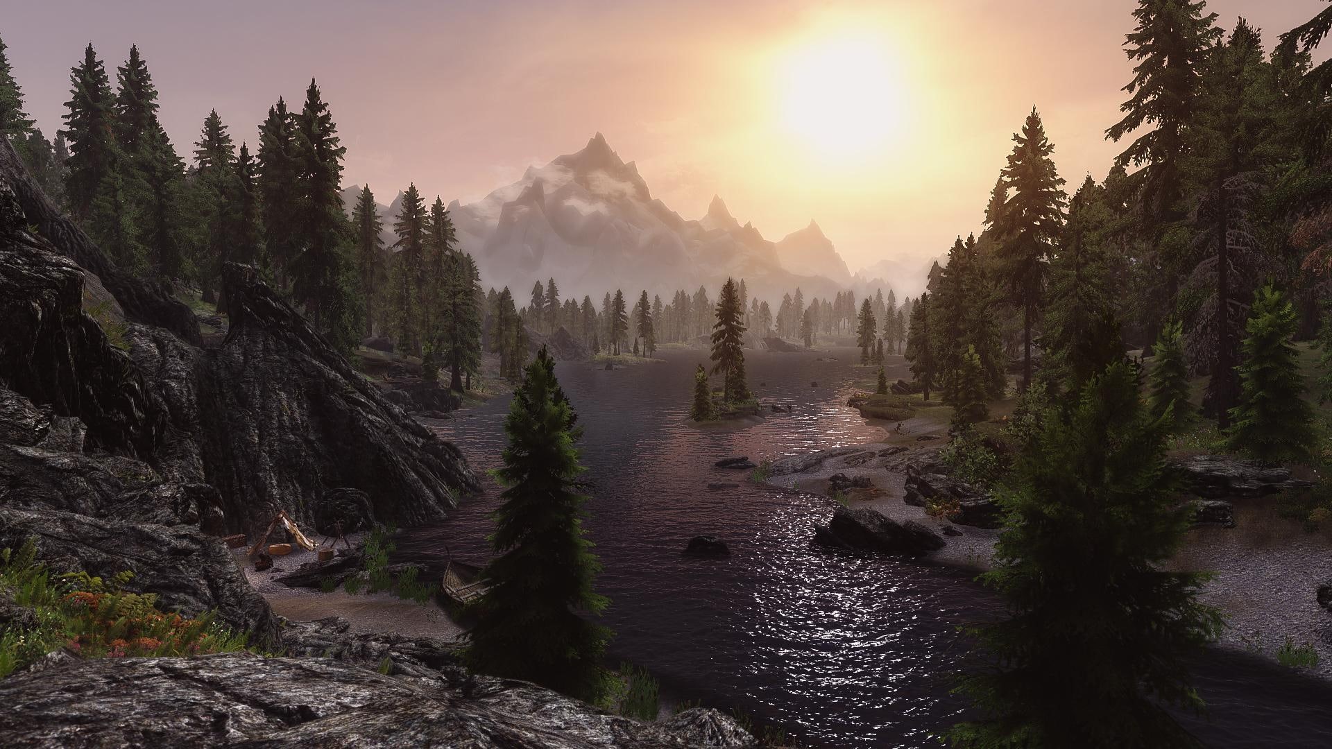 sunset, idyllic, river, sunlight, growth, SLMP, nature, tree, Bethesda Softworks, water, 1080P, The Elder Scrolls V: Skyrim, sky, beauty in nature, land, HD Wallpaper