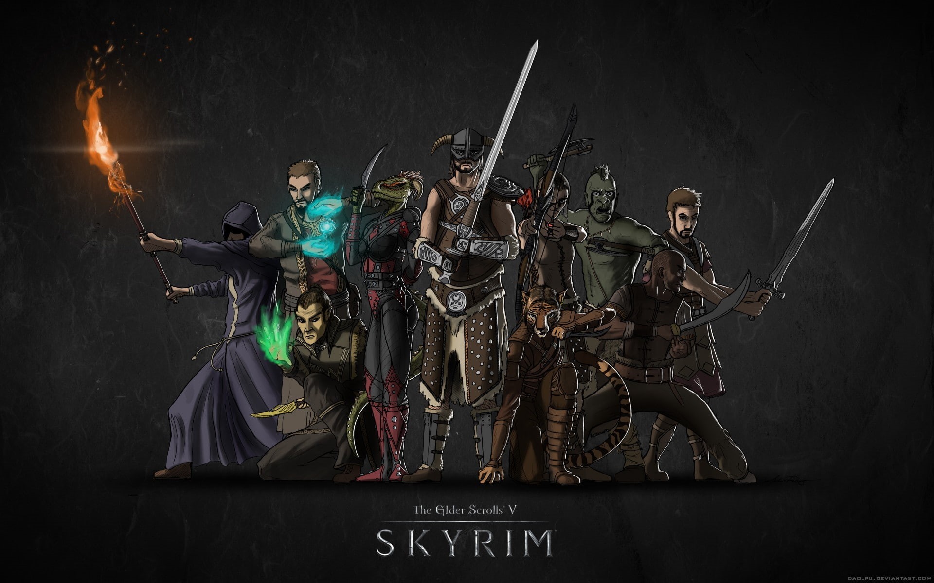 skyrim, clothing, black background, group of people, young men, men, The Elder Scrolls V: Skyrim, conflict, video games, fighting, performance, music, weapon, HD Wallpaper