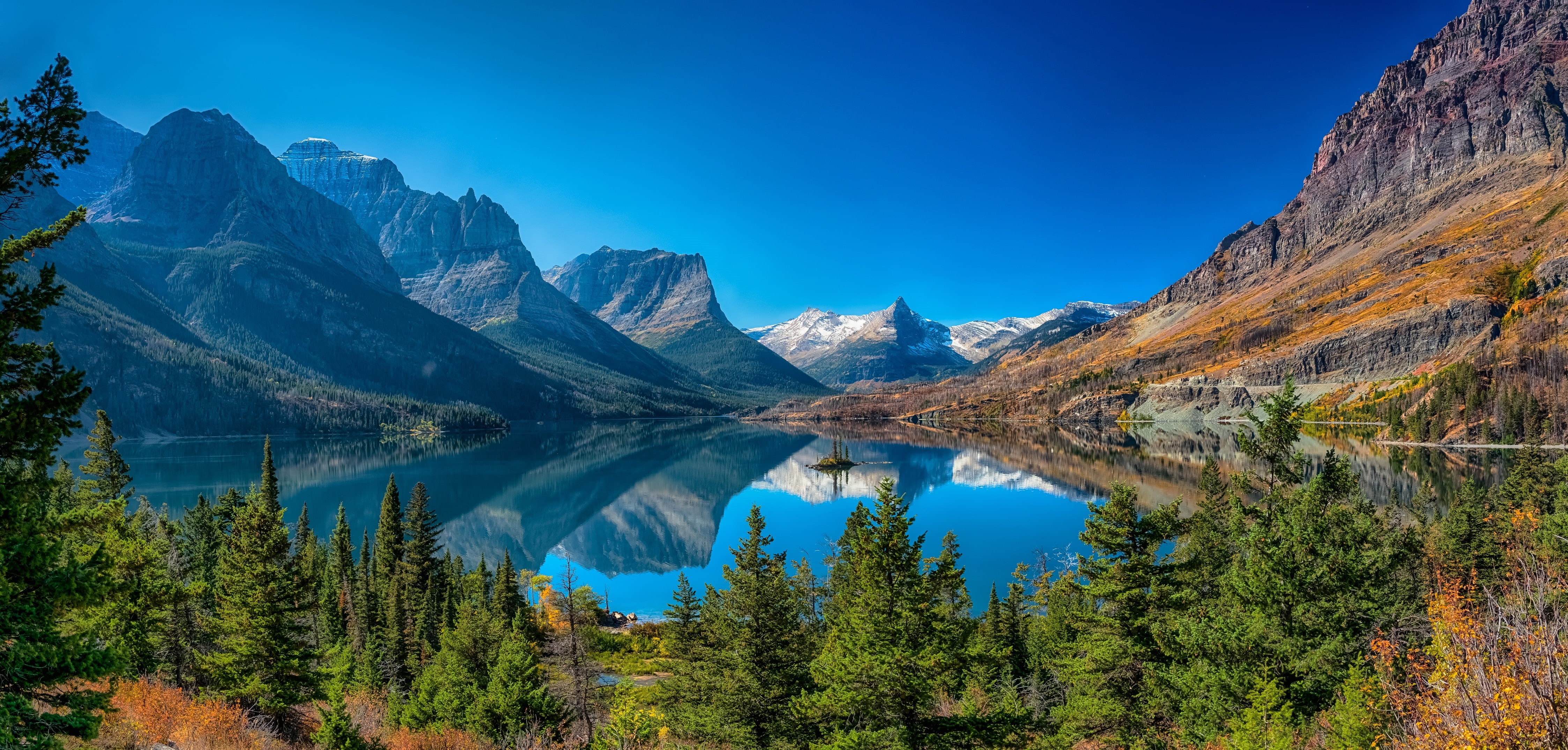 lake, trees, Rocky Mountains, Saint Mary Lake, 4K, Montana, Lake St Mary, reflection, mountains, Wild Goose Island, Glacier National Park, HD Wallpaper