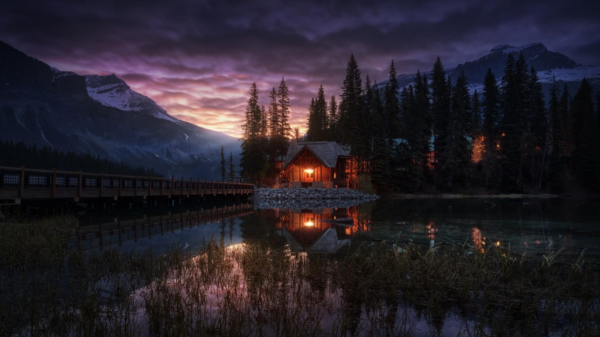 1080P, outdoors, illuminated, purple, cloud - sky, evening, emerald lake, plant, sky, built structure, wilderness, mountain, architecture, morning, snowcapped mountain, HD Wallpaper