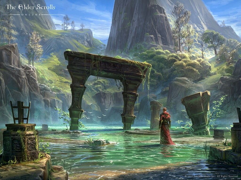scroll, water, 480P, sunlight, full length, adult, environment, video games, architecture, elder, nature, The Elder Scrolls Online, standing, fashion, HD Wallpaper