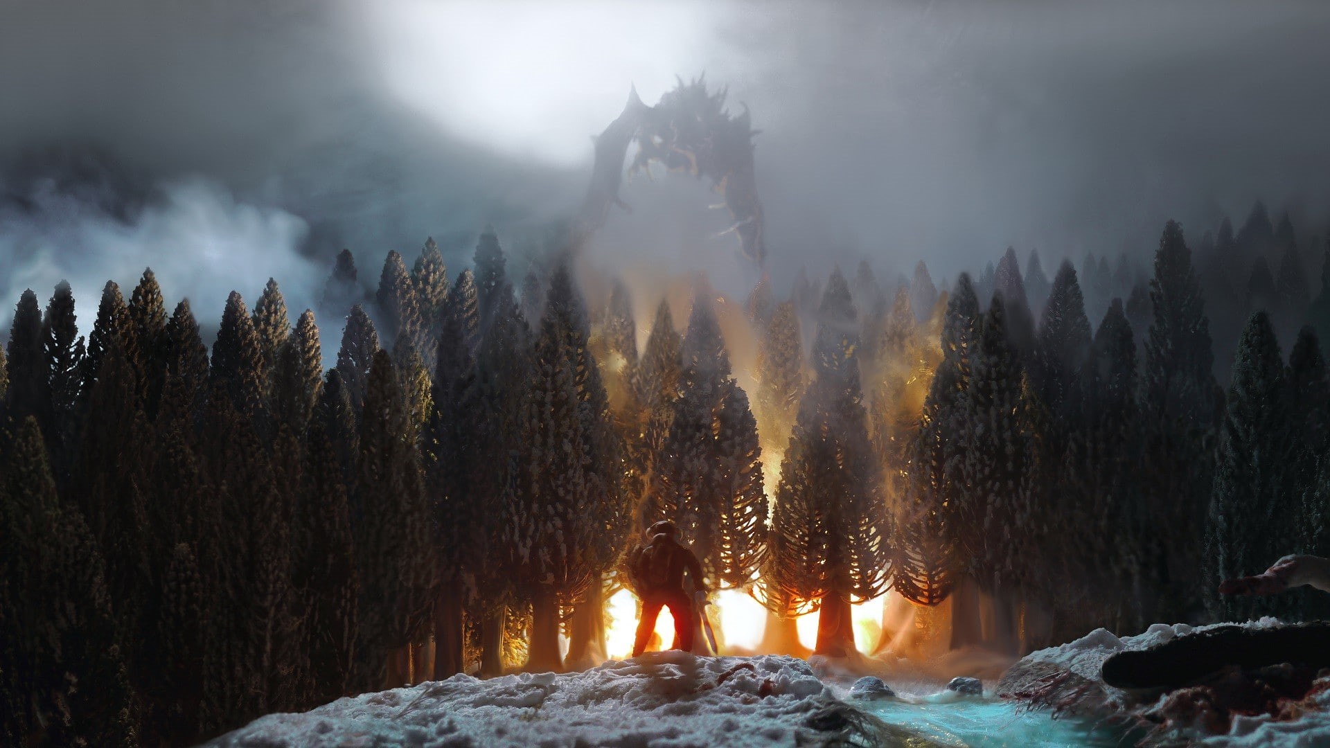 elder scrolls, elder, skyrim, forest, the elder scrolls v: skyrim, video, video games, games, fire, dragon, 1080P, scrolls, v, HD Wallpaper