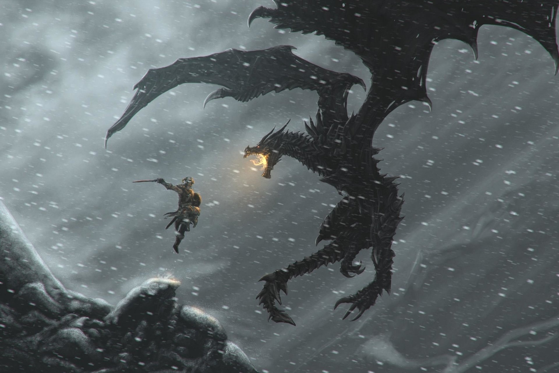 animal, snow, water, season, leisure activity, snowing, Skyrim, animals in the wild, people, wet, elder, snowflake, dragonborn, lifestyles, men, Dragon, HD Wallpaper