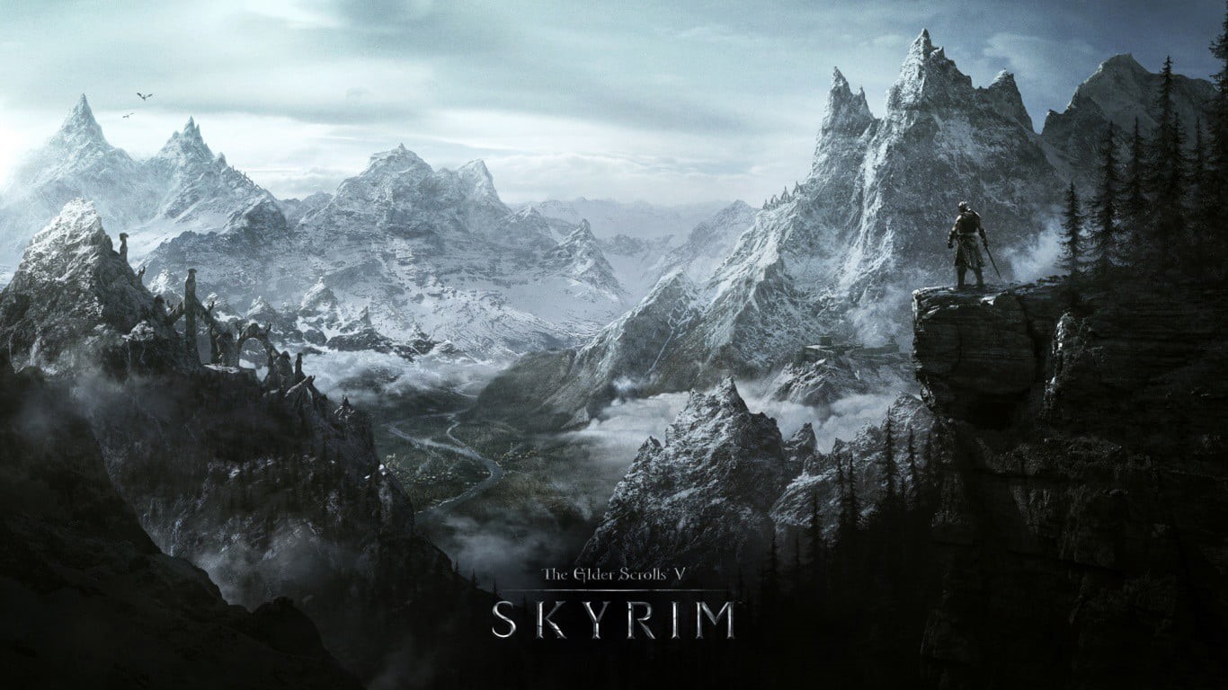 beauty in nature, The Elder Scrolls V: Skyrim, 720P, digital, sky, tranquility, environment, outdoors, mountain range, text, communication, sign, mountain peak, HD Wallpaper