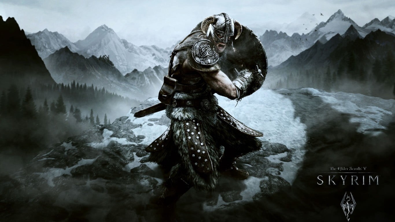 day, no people, travel destinations, beauty in nature, outdoors, cold temperature, game, solid, poster, representation, creativity, flowing water, The Elder Scrolls V: Skyrim, HD Wallpaper