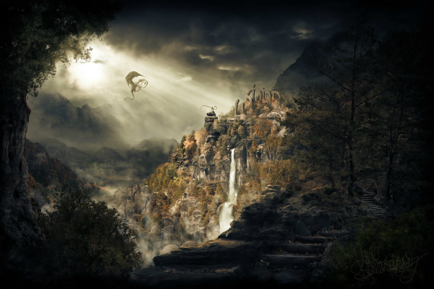 land, sky, The Elder Scrolls V: Skyrim, fear, beauty in nature, outdoors, nature, tree, cliff, adventure, no people, scenics - nature, landscape, day, plant, HD Wallpaper