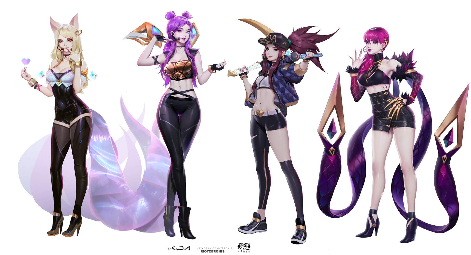 thigh-highs, looking at viewer, K/DA, Summoners Rift, artwork, blonde, Tight Skirt, redhead, cleavage, 1080P, women, pink hair, K-pop, tight clothing, HD Wallpaper