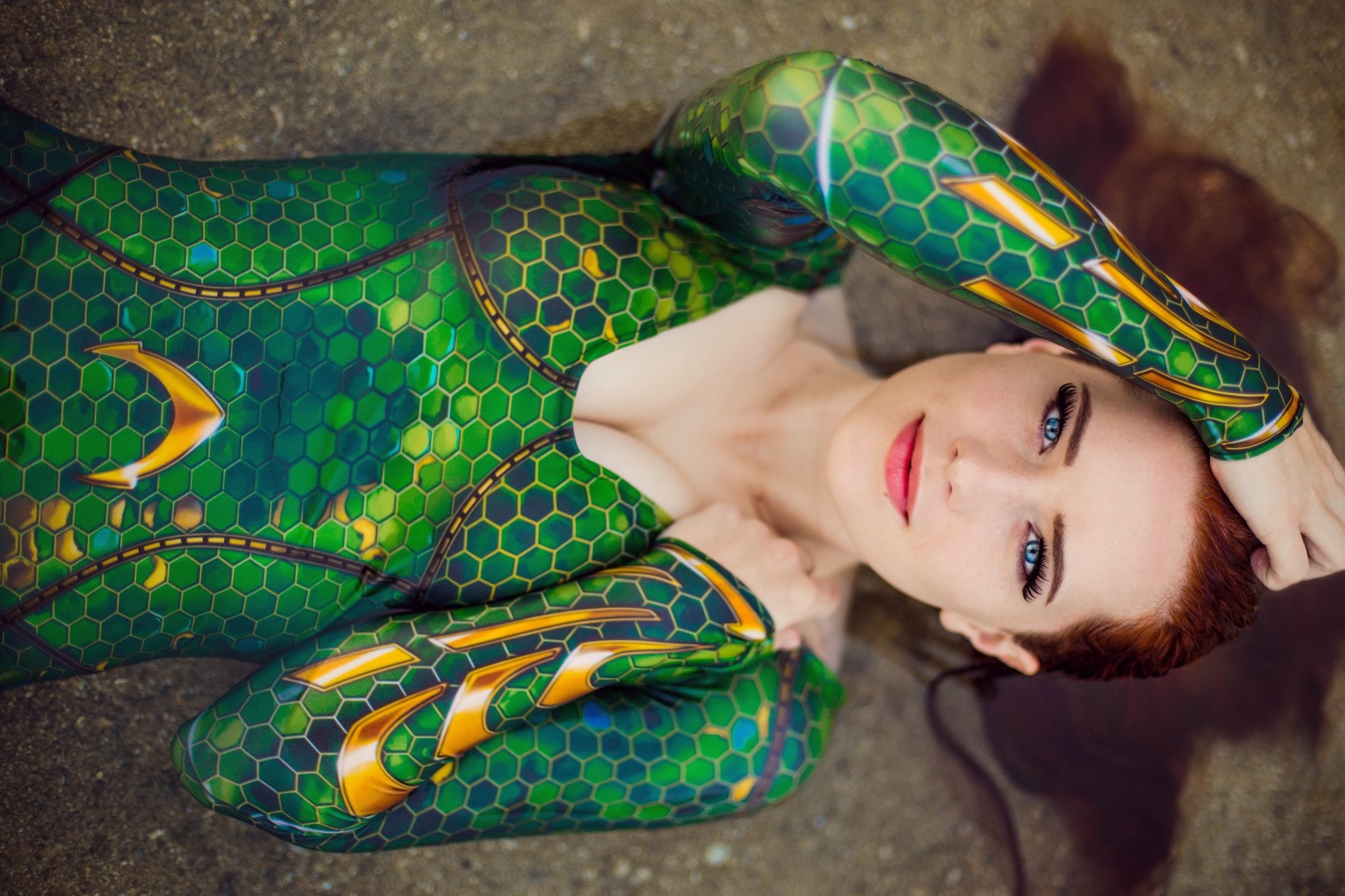looking at viewer, wet hair, wet clothing, Mera, women, cosplay, tight clothing, redhead, 1080P, women outdoors, blue eyes, Aquaman, Nichameleon, lying on back, HD Wallpaper