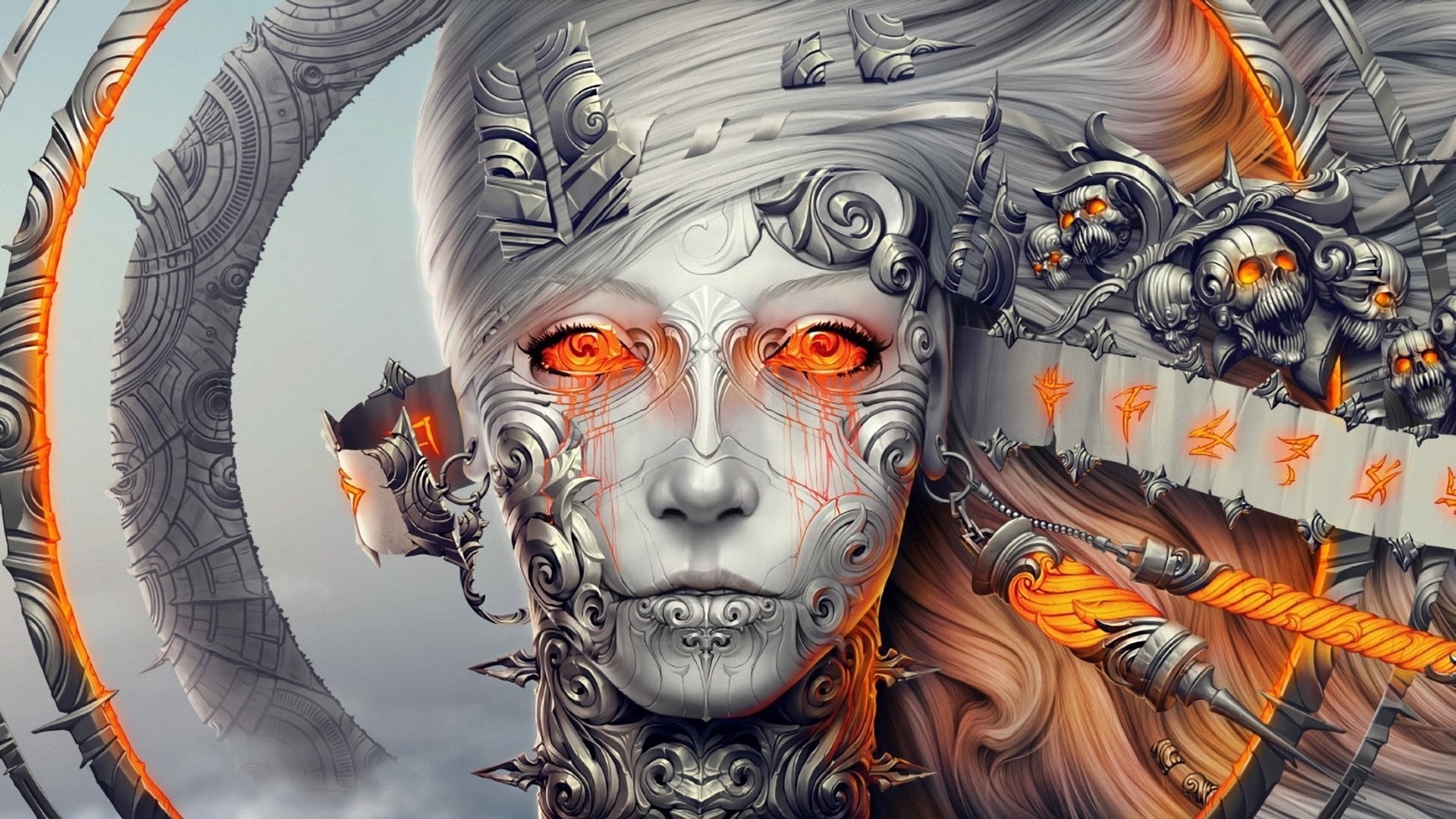 1080P, craft, orange color, indoors, robot, ornate, representation, festival, carnival, disguise, fan art, science fiction, women, no people, face, male likeness, HD Wallpaper