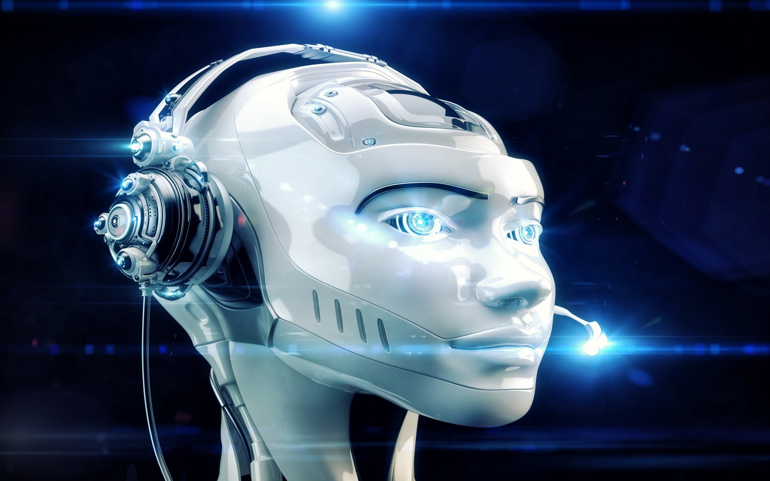 man made, glowing, art and craft, close-up, male likeness, night, illustration, no people, human representation, cyborg, body part, robot, futuristic, indoors, HD Wallpaper