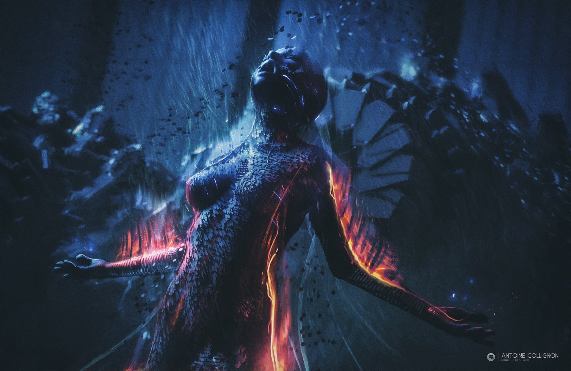 1080P, woman, game, flame, robot, fire, audio android, Antoine Collignon, HD Wallpaper