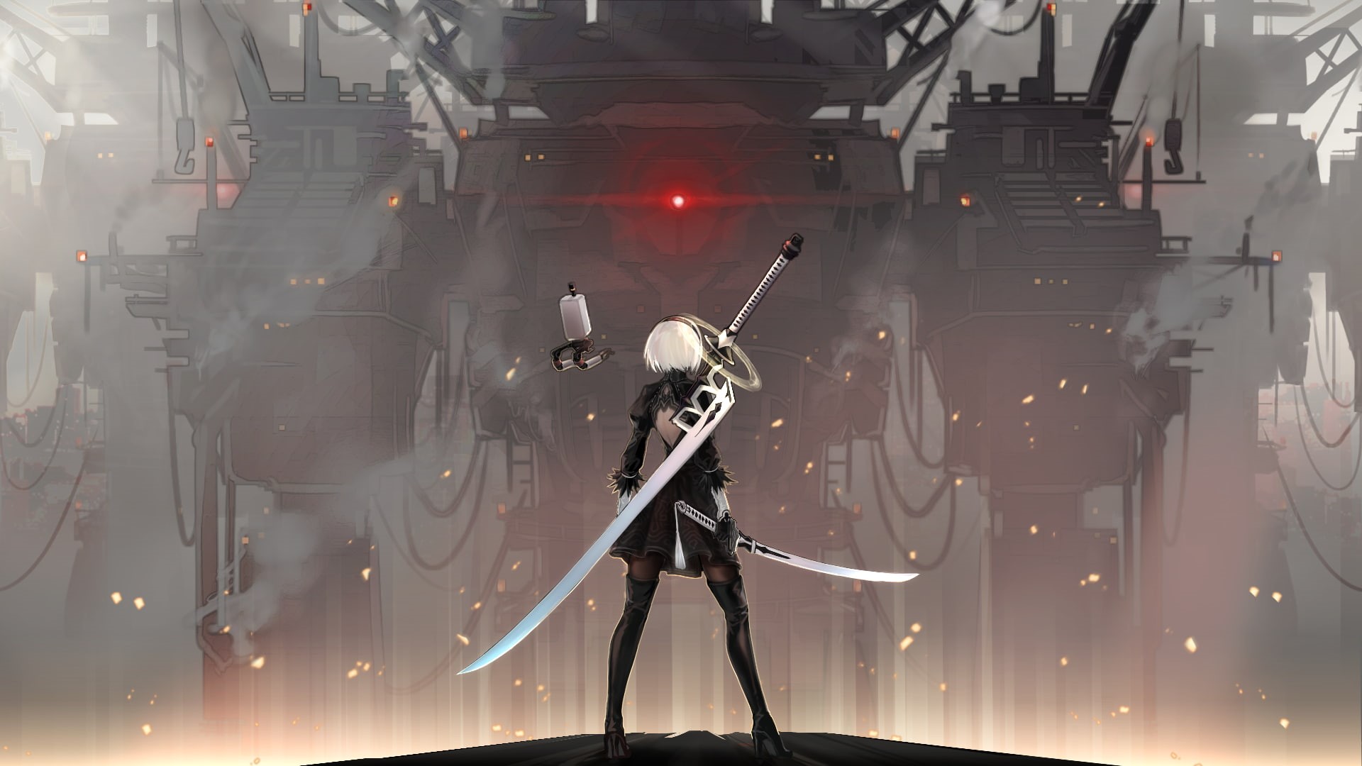 Feather, Weapon, Video Game, High Heels, White Hair, Dress, Android, Girl, Black Dress, Glove, Glow, 1080P, Robot, Glowing Eyes, Short Hair, Sword, Thigh Boots, HD Wallpaper
