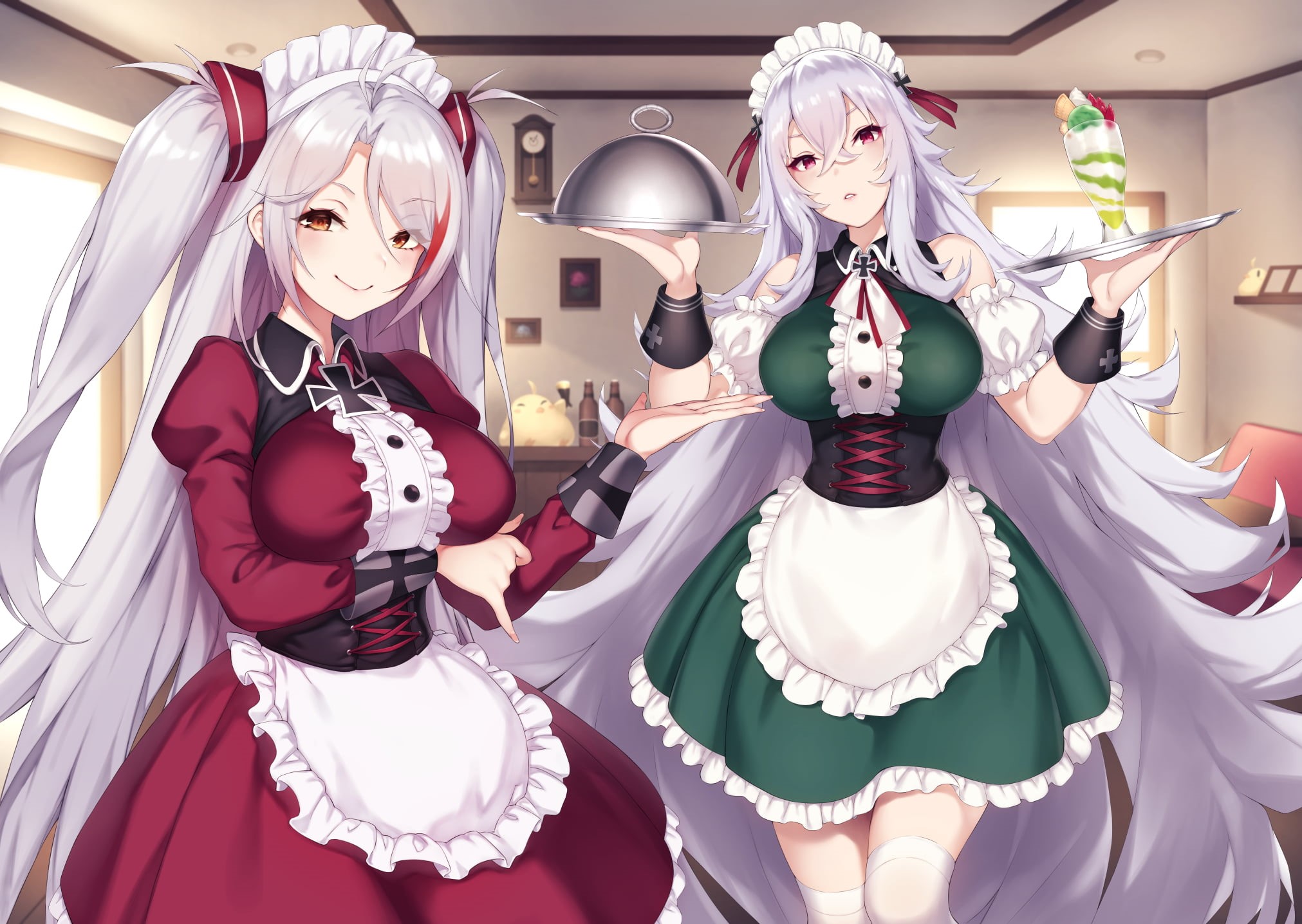 anime, Pokachurorichu, anime girls, maid outfit, Graf Zeppelin (Azur Lane), Azur Lane, Prinz Eugen (Azur Lane), 1080P, HD Wallpaper