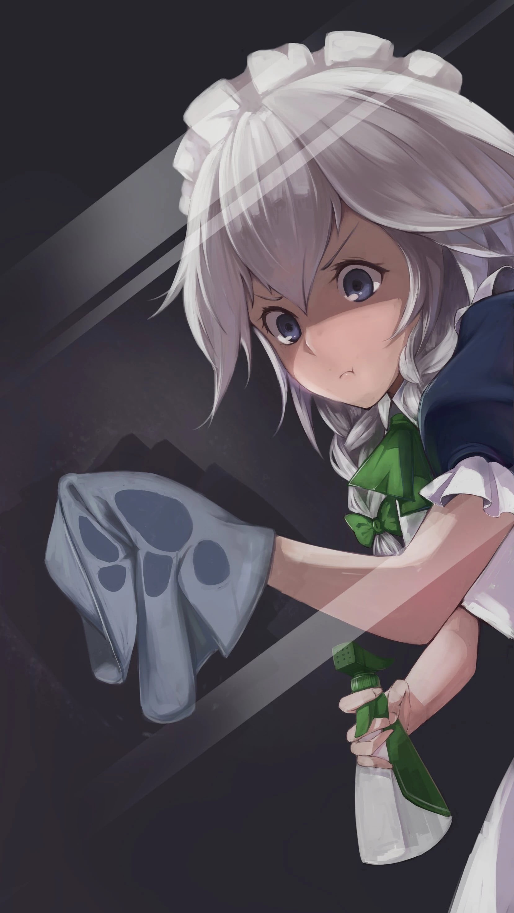 black background, 2K, creativity, indoors, fear, one person, Izayoi Sakuya, anime, anime girls, disguise, security, adult, young adult, females, Touhou, Phone HD Wallpaper