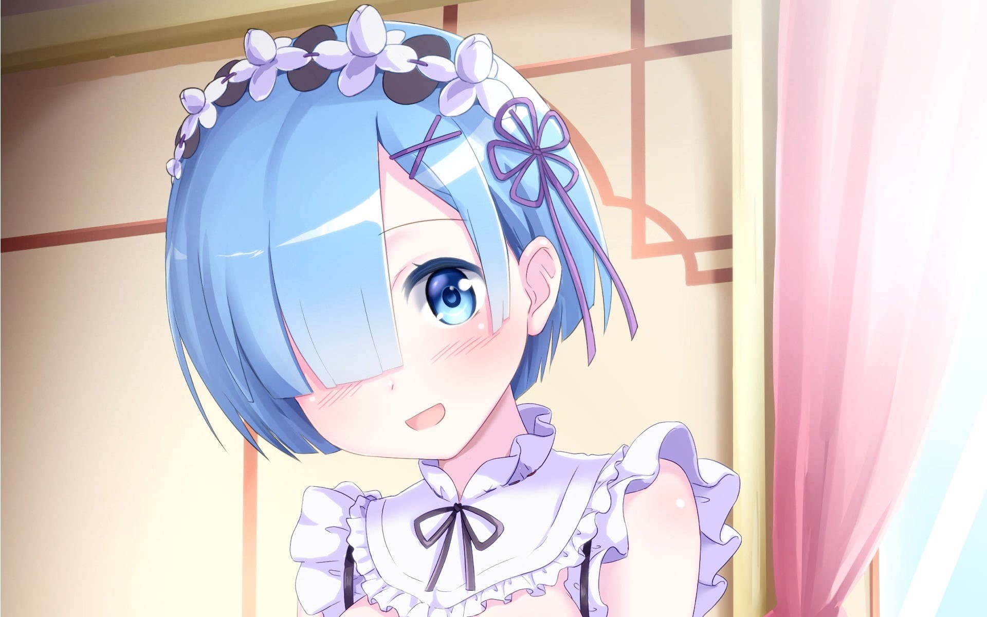 Re:Zero Kara Hajimeru Isekai Seikatsu, representation, portrait, animated, indoors, still life, looking at camera, hairstyle, headshot, one person, Rem (Re: Zero), HD Wallpaper