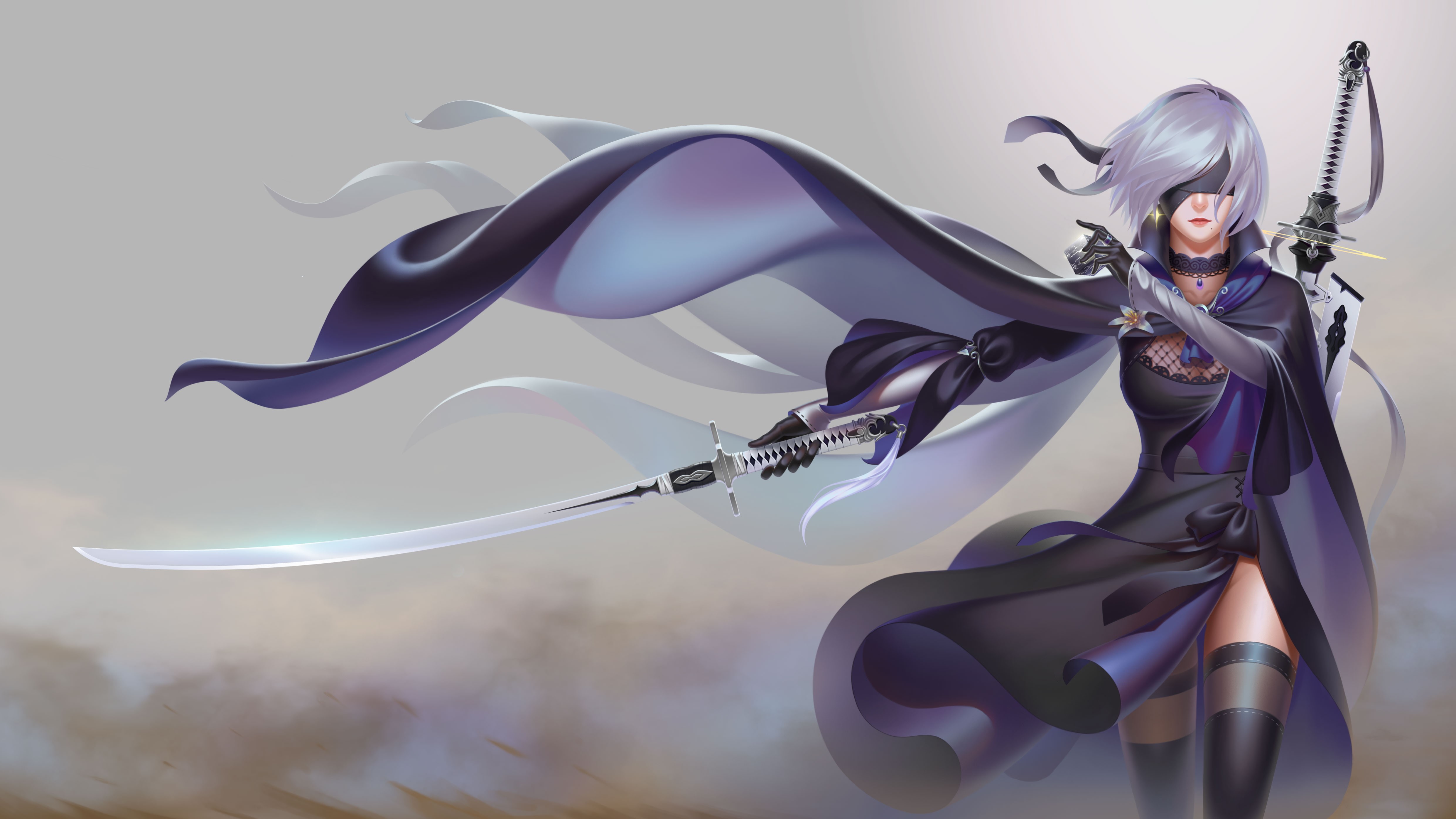 moles, blindfold, cloaks, short hair, head band, white hair, gloves, 2B, flowers, Nier: Automata, katana, human android, 2B (Nier: Automata), necklace, HD Wallpaper