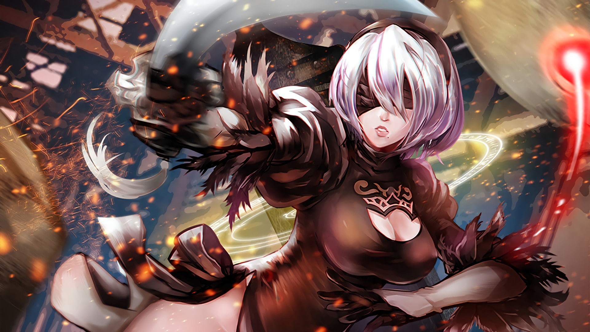 fighting, NieR, black dress, weapon, Nier: Automata, human android, headband, 2B (Nier: Automata), blindfold, 2B, white hair, video games, cleavage, short hair, HD Wallpaper