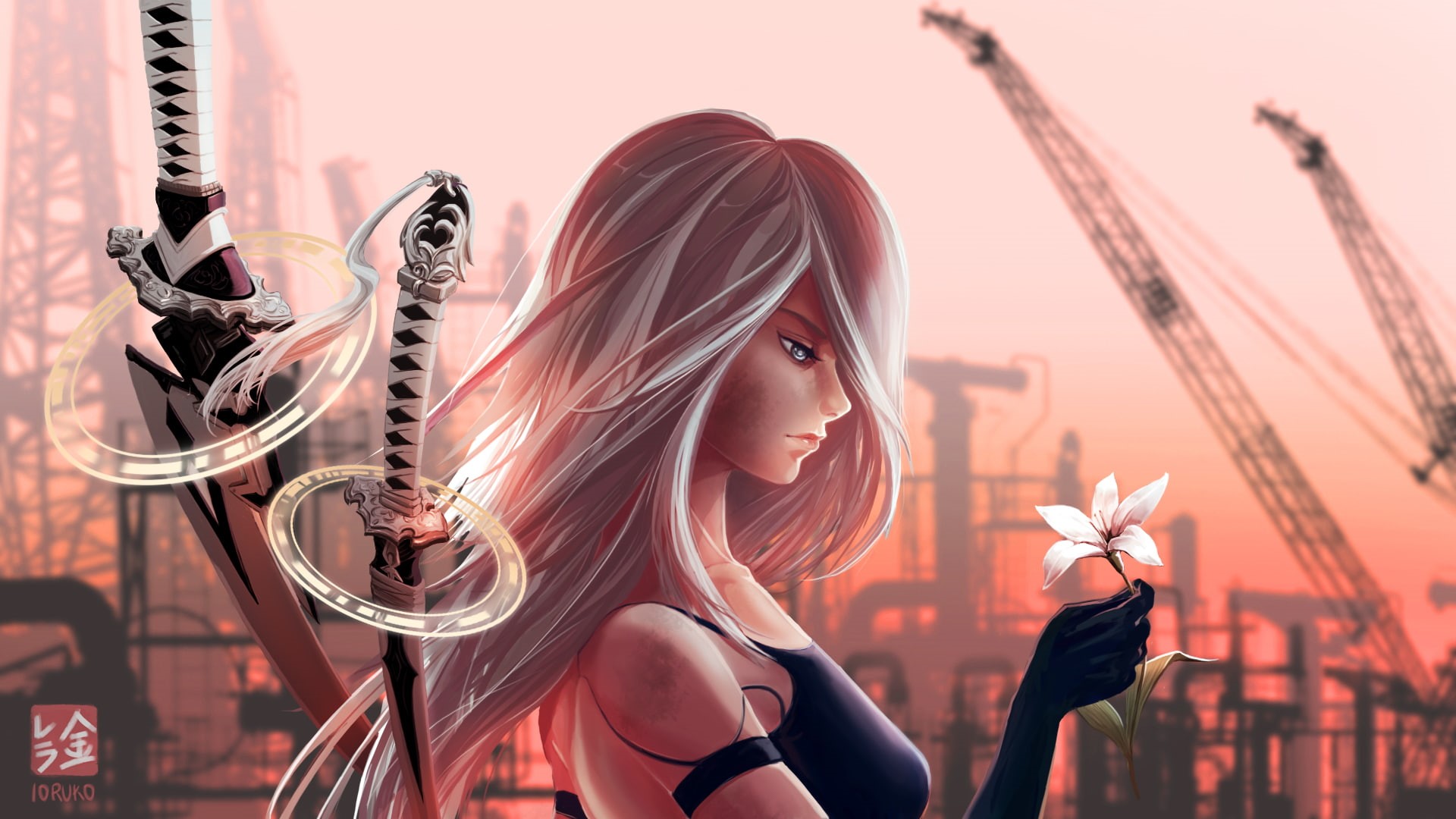 white flowers, video games, red sky, human android, digital art, fan art, gloves, weapon, A2 (Nier: Automata), Nier: Automata, industrial city, NieR, katana, HD Wallpaper