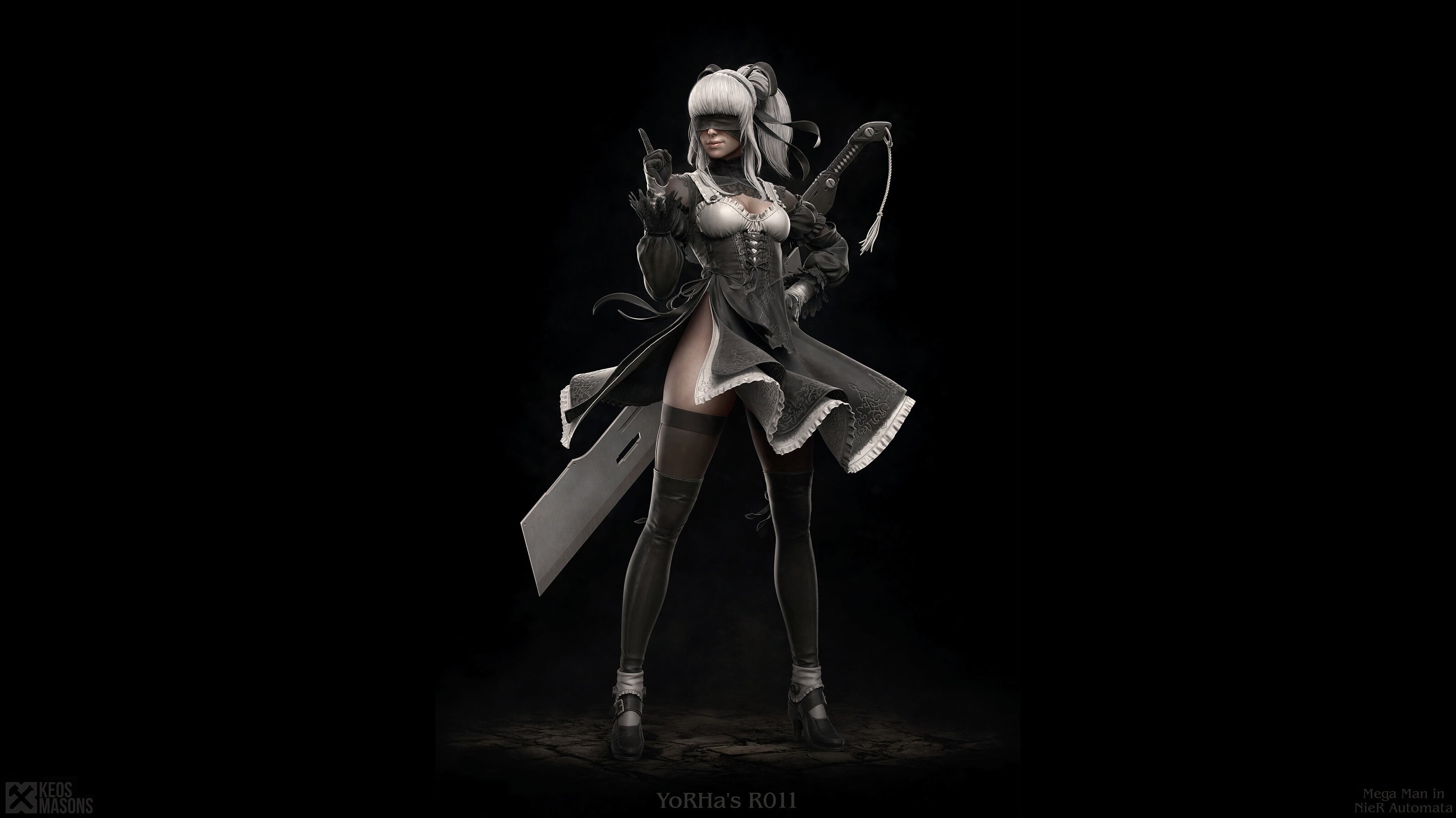 gloves, cleavage, moles, black background, 2K, blindfold, sword, digital art, 2B, NieR, fantasy weapon, white hair, Nier: Automata, leggings, black dress, HD Wallpaper