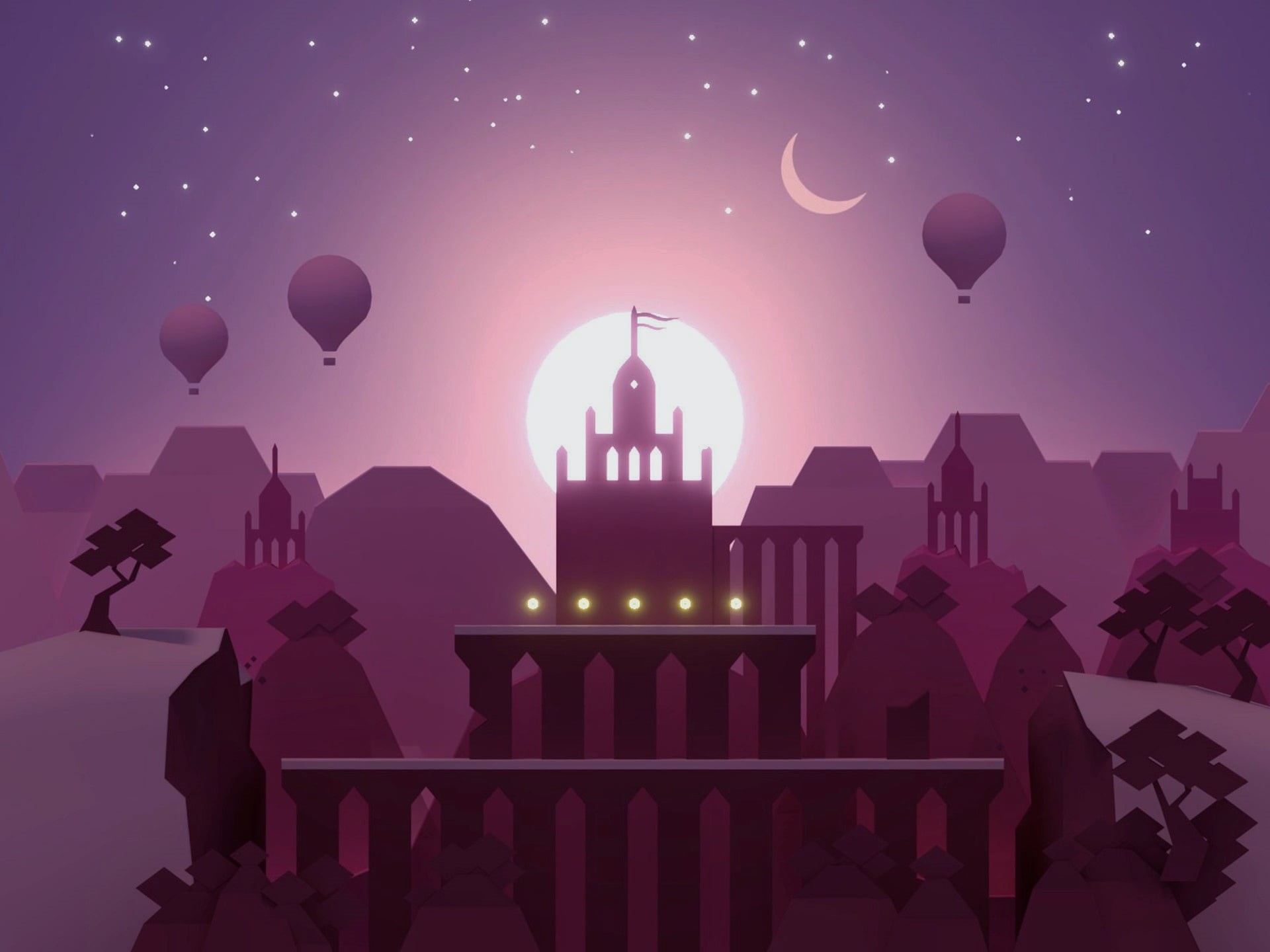 Stars, Altos Odyssey, Games, Minimalism, Aerostatic balloons, Sunset, Crescent moon, Pink, Hill, 1080P, Snow, Noodlecake Studios Inc, Android, Tree, 3D, HD Wallpaper