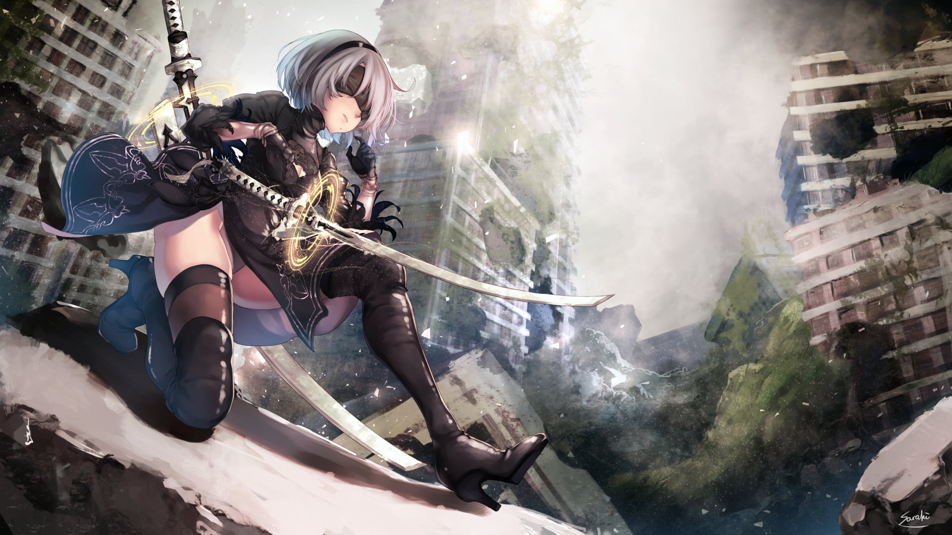 casual clothing, katana, young adult, smoke - physical structure, NieR, lifestyles, women, building exterior, built structure, blindfold, full length, Nier: Automata, HD Wallpaper