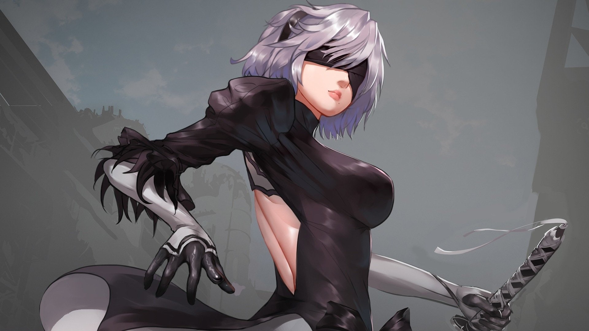 NieR: Automata, Video Game, Dress, Blindfold, Girl, Short Hair, Sword, YoRHa No.2 Type B, 1080P, White Hair, Weapon, Black Dress, Glove, HD Wallpaper