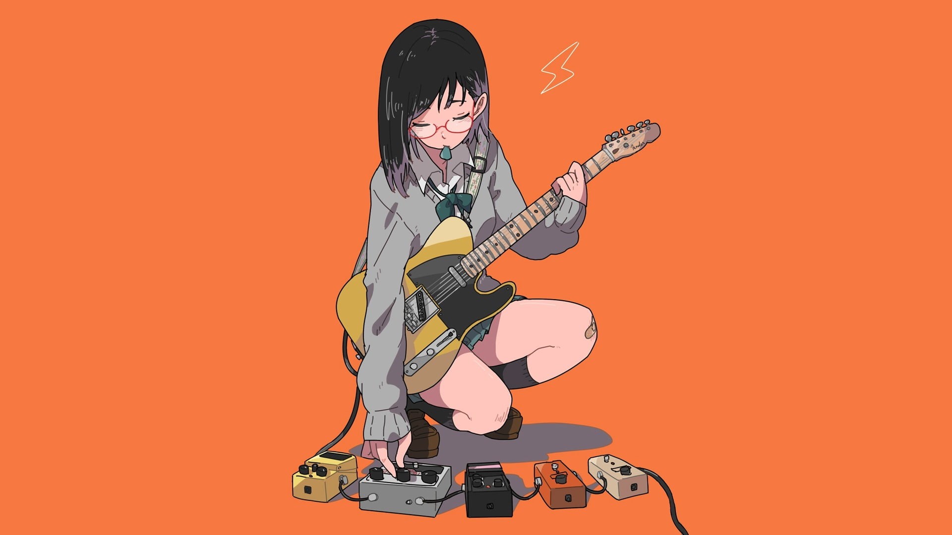 standing, casual clothing, anime girls, full length, glasses, holding, sitting, musician, women, music, beautiful woman, side view, copy space, simple background, HD Wallpaper