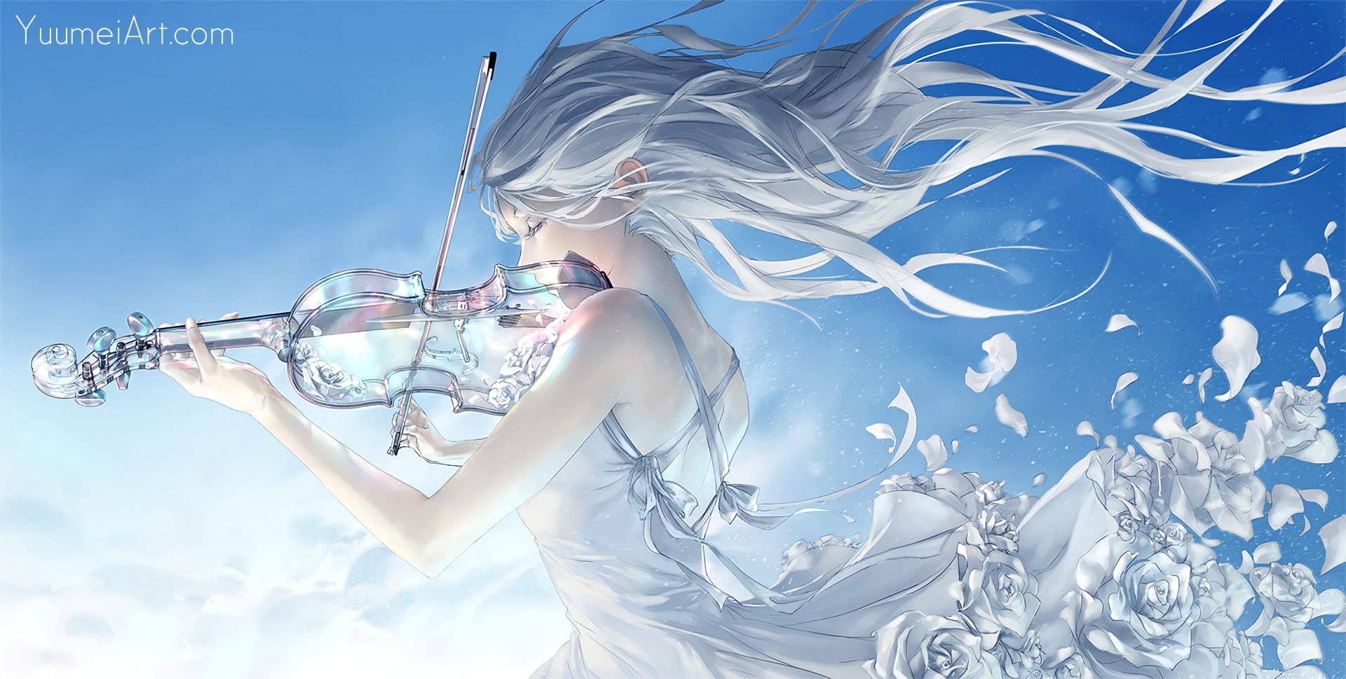 beauty, Violin, silver colored, Original (Anime), adult, copy space, beautiful woman, young adult, side view, Girl, one person, hairstyle, Anime, females, HD Wallpaper