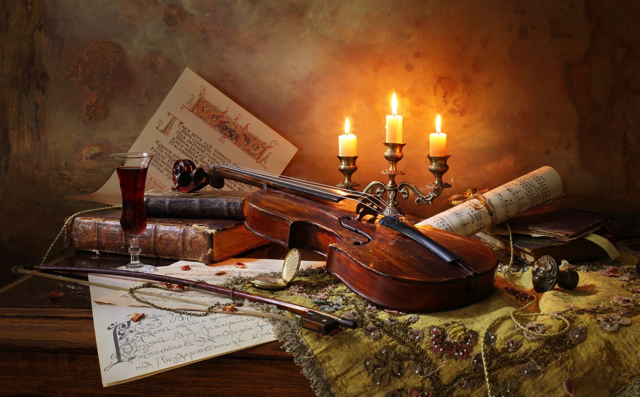 notes, Still life with violin and candles, candles, books, wine, 1080P, bow, violin, HD Wallpaper
