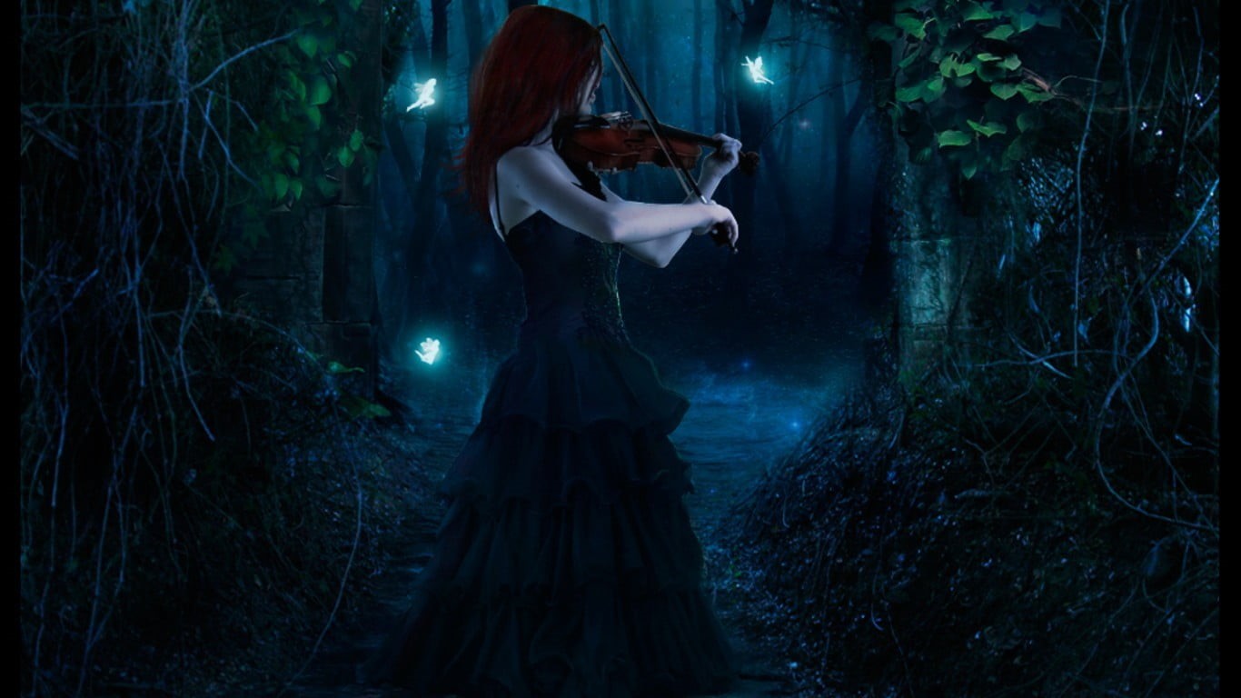 formalwear, violin, standing, outdoors, beauty, nature, dark, hairstyle, women, 720P, adult, fairies, forest, tree, young adult, beautiful woman, fashion, HD Wallpaper
