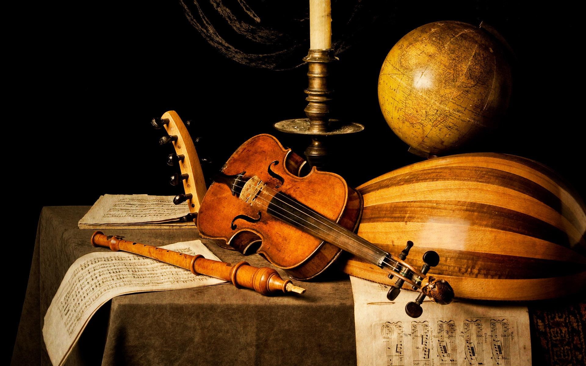 desk, table, flute, instruments, vintage, 1080P, baglama, candle, globe, brown, musical, music, stick, violin, sheet, 1920x1200, HD Wallpaper