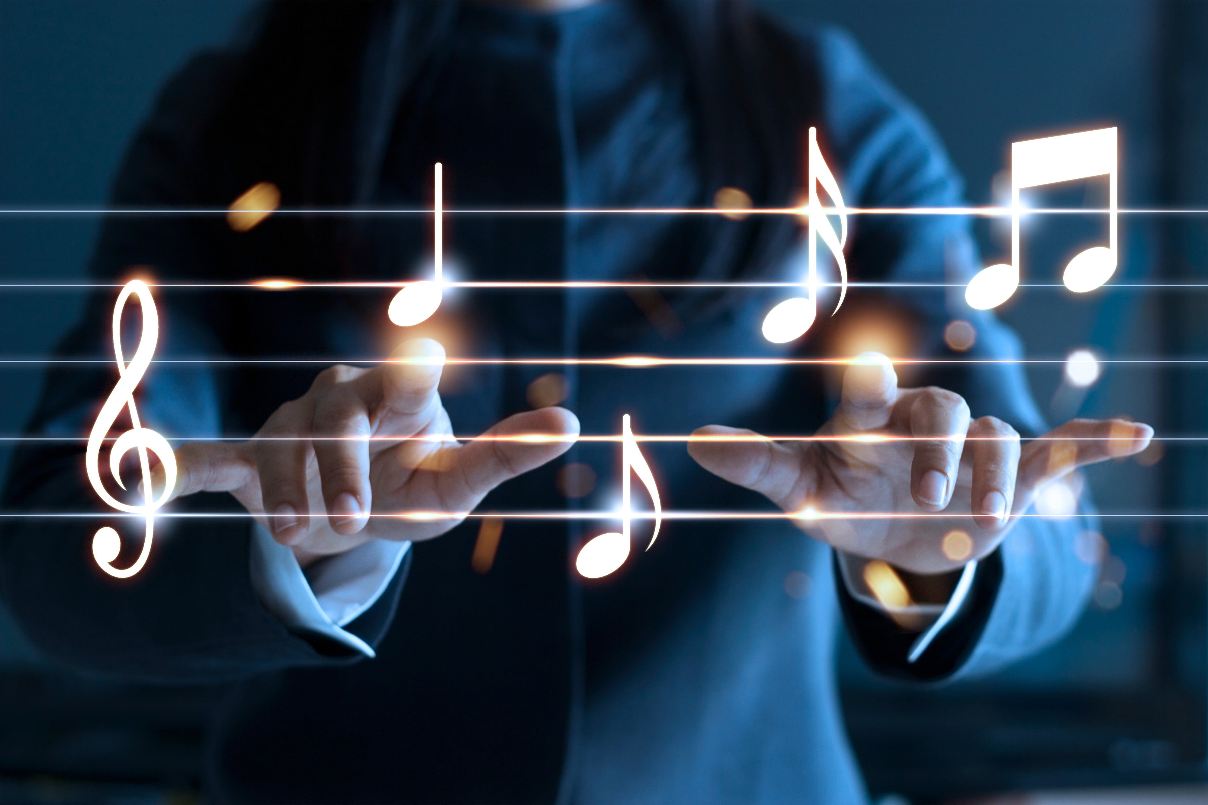 graceful hands, concert, good idea, front view, conductor, computer, treble clef, stave, hand, music, colored lights, black background, note, closeup, bokeh wallpaper., HD Wallpaper