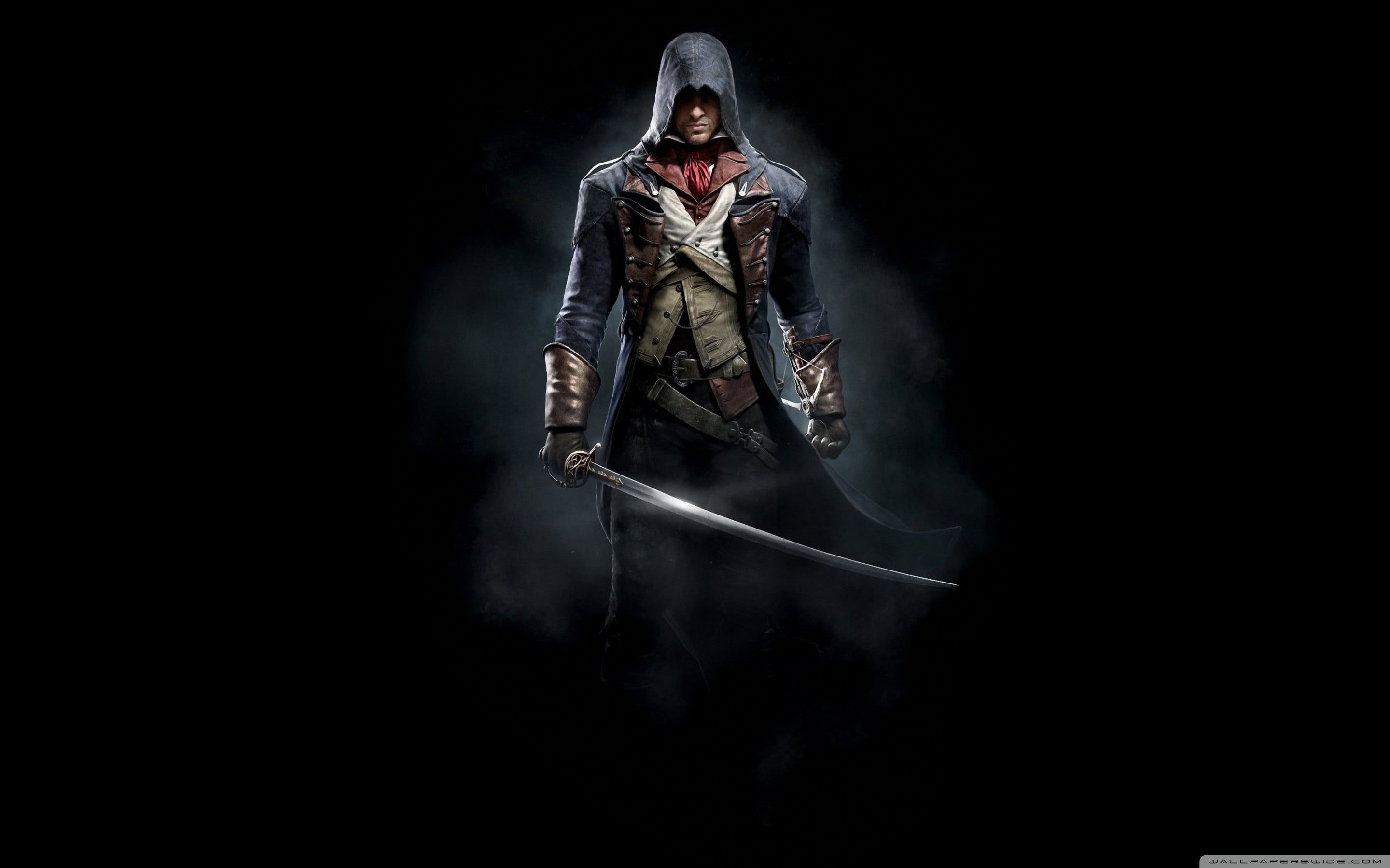 clothing, adult, looking at camera, one person, black background, males, women, dark, front view, sword, studio shot, young adult, full length, hood - clothing, HD Wallpaper