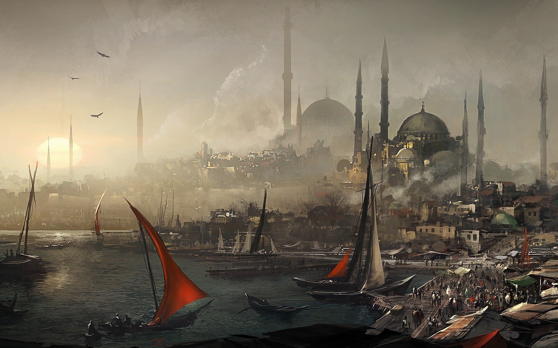 artwork, tower, building, air pollution, video games, city, mosque, sailboat, water, religion, Istanbul, building exterior, red, white, pollution, dome, HD Wallpaper