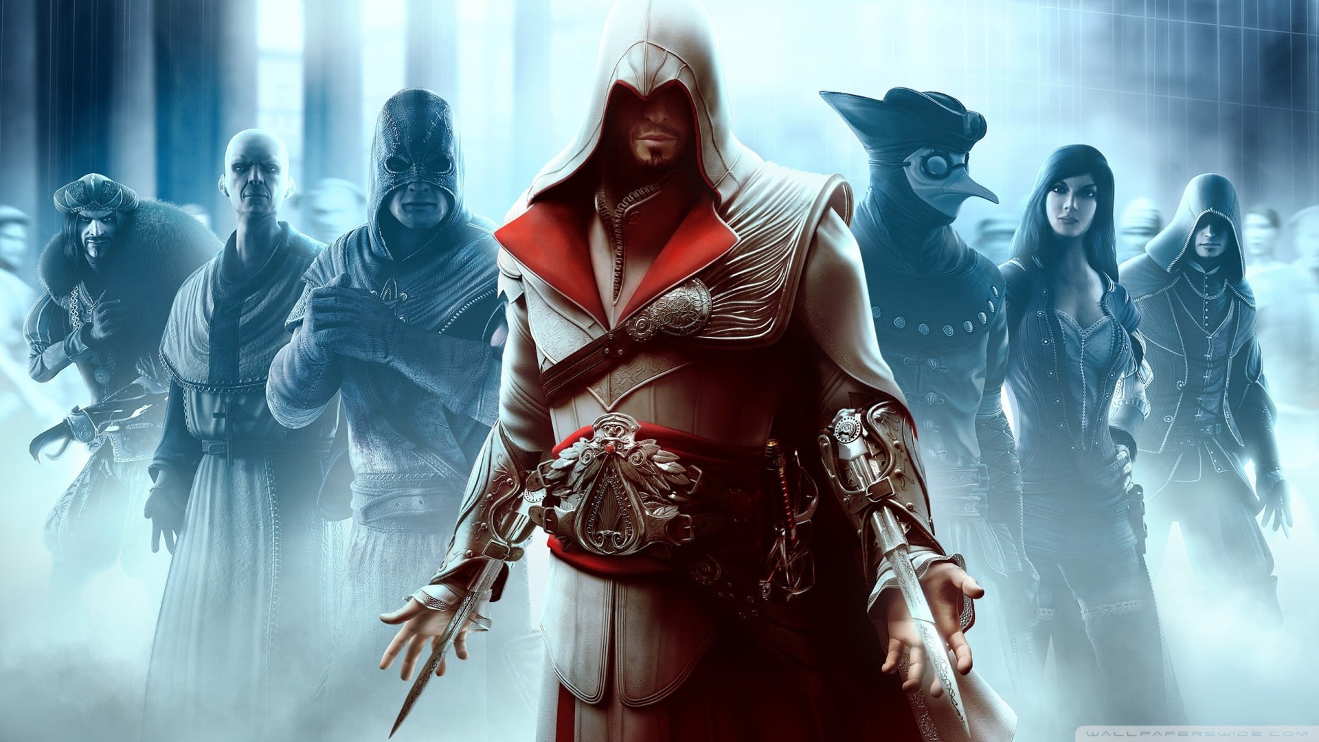 women, traditional clothing, group of people, disguise, assassin, three quarter length, clothing, people, adult, standing, window, Assassins Creed: Brotherhood, HD Wallpaper