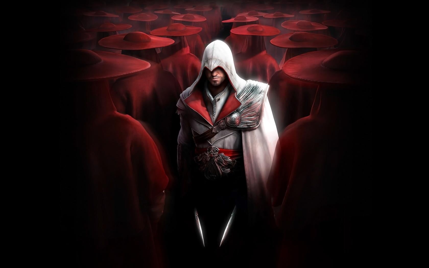 women, Assassins Creed, Assassins Creed: Brotherhood, portrait, game, fashion, adult, creed, cover, illuminated, black background, studio shot, stage, clothing, HD Wallpaper