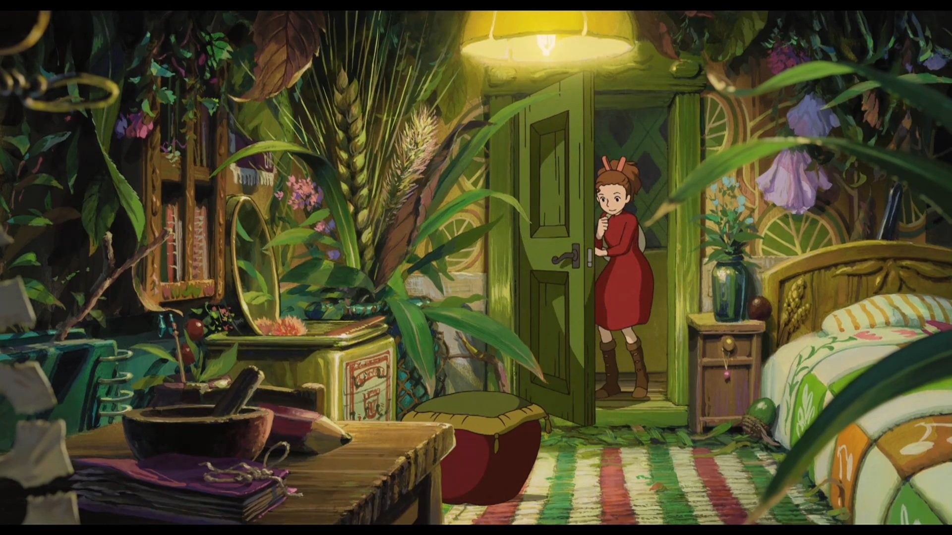 karigurashi, plants, interior, flowers, beds, doors, 1080P, anime, arrietty, secret, world, spikelets, HD Wallpaper
