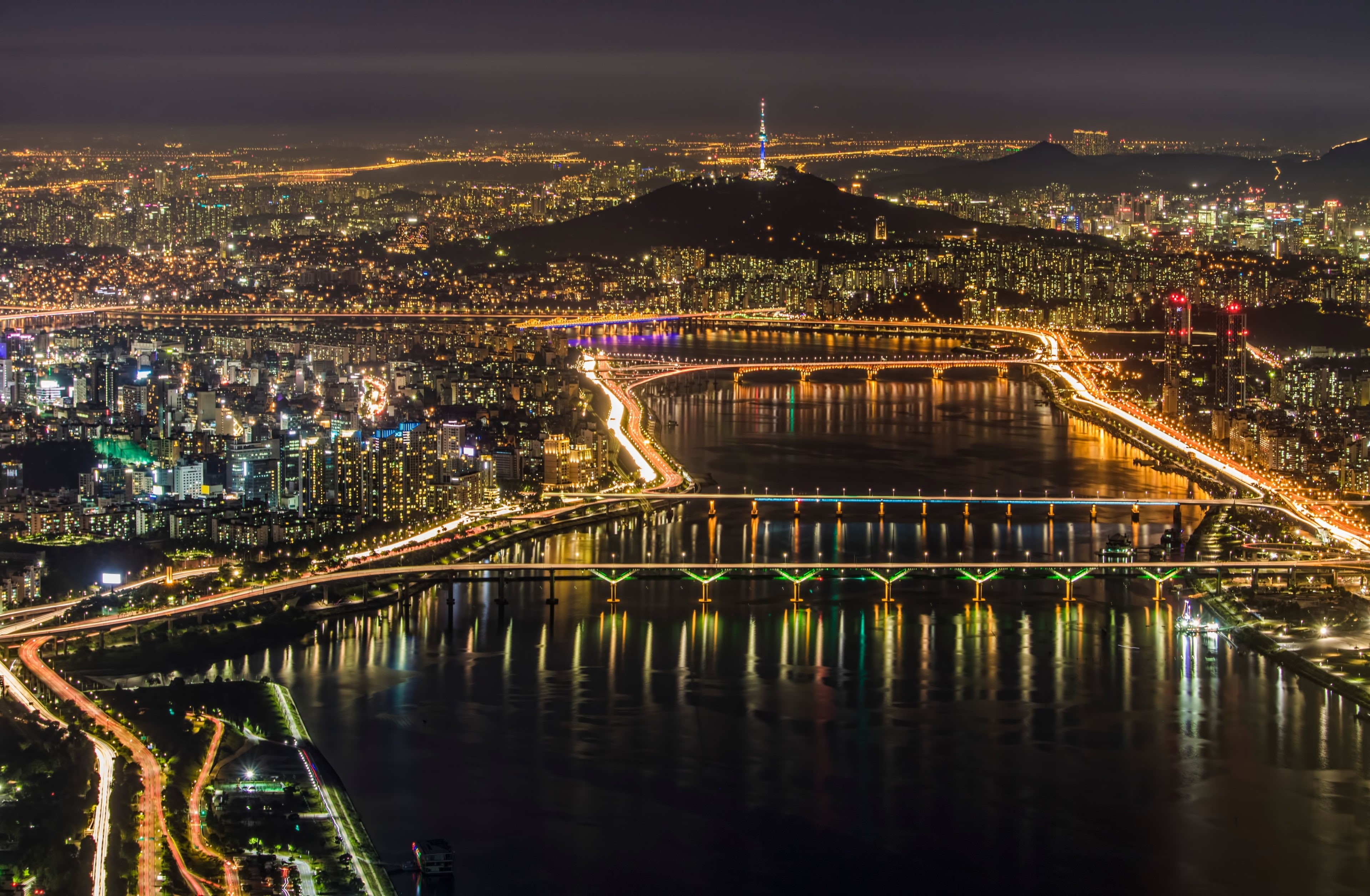 night, reflection, seoul 4k hd desktop  download, bridge - man made structure, chain bridge, illuminated, outdoors, 4K, built structure, connection, transportation, HD Wallpaper