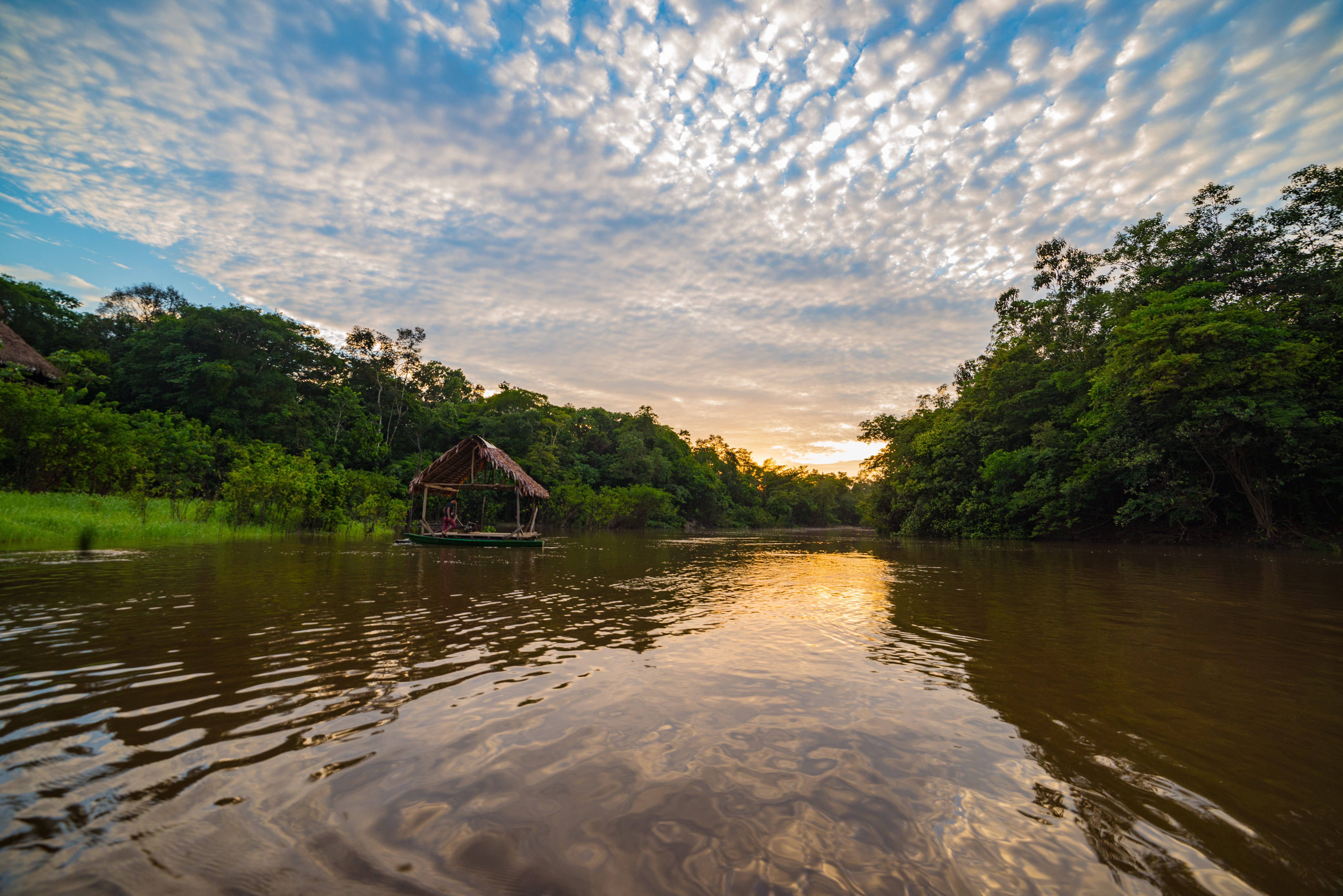 clouds, amazonia lodge, sunset, sky, outdoors, landscape, waterfront, adventure, rainforest, day, boat house, scenery - outdoors, reflection, cloud - sky, HD Wallpaper