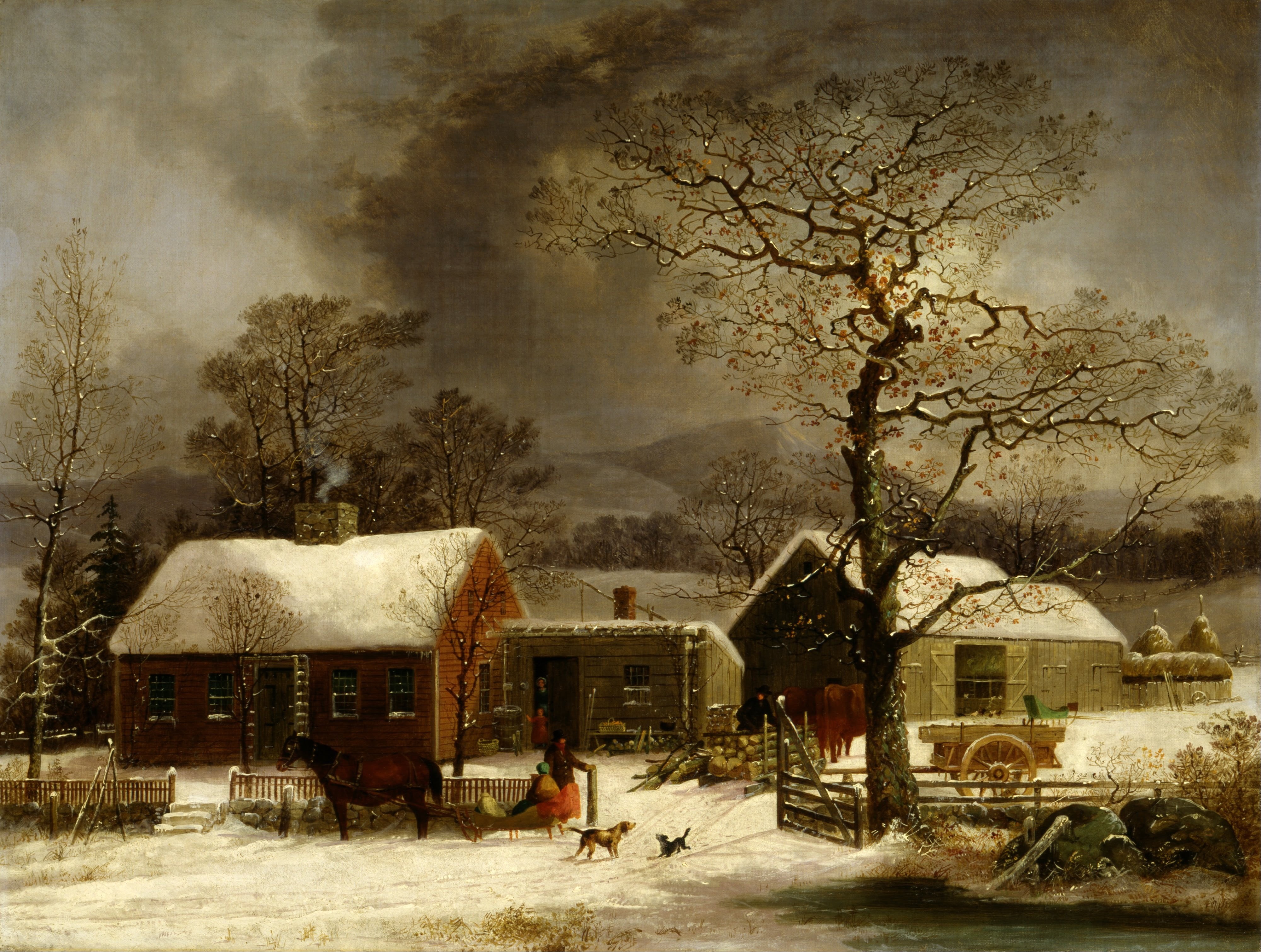 building, plant, artistic, cattle, rustic, horse, dogs, george durrie, extreme weather, front, ice, countryside, trees, oil on canvas, built structure, HD Wallpaper