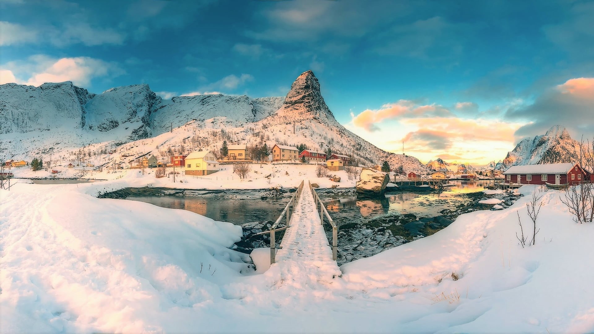 day, tranquility, cloud - sky, scenics - nature, 1080P, no people, mountains, house, village, landscape, nature, sunlight, ice, winter, lake, water, Lofoten, HD Wallpaper