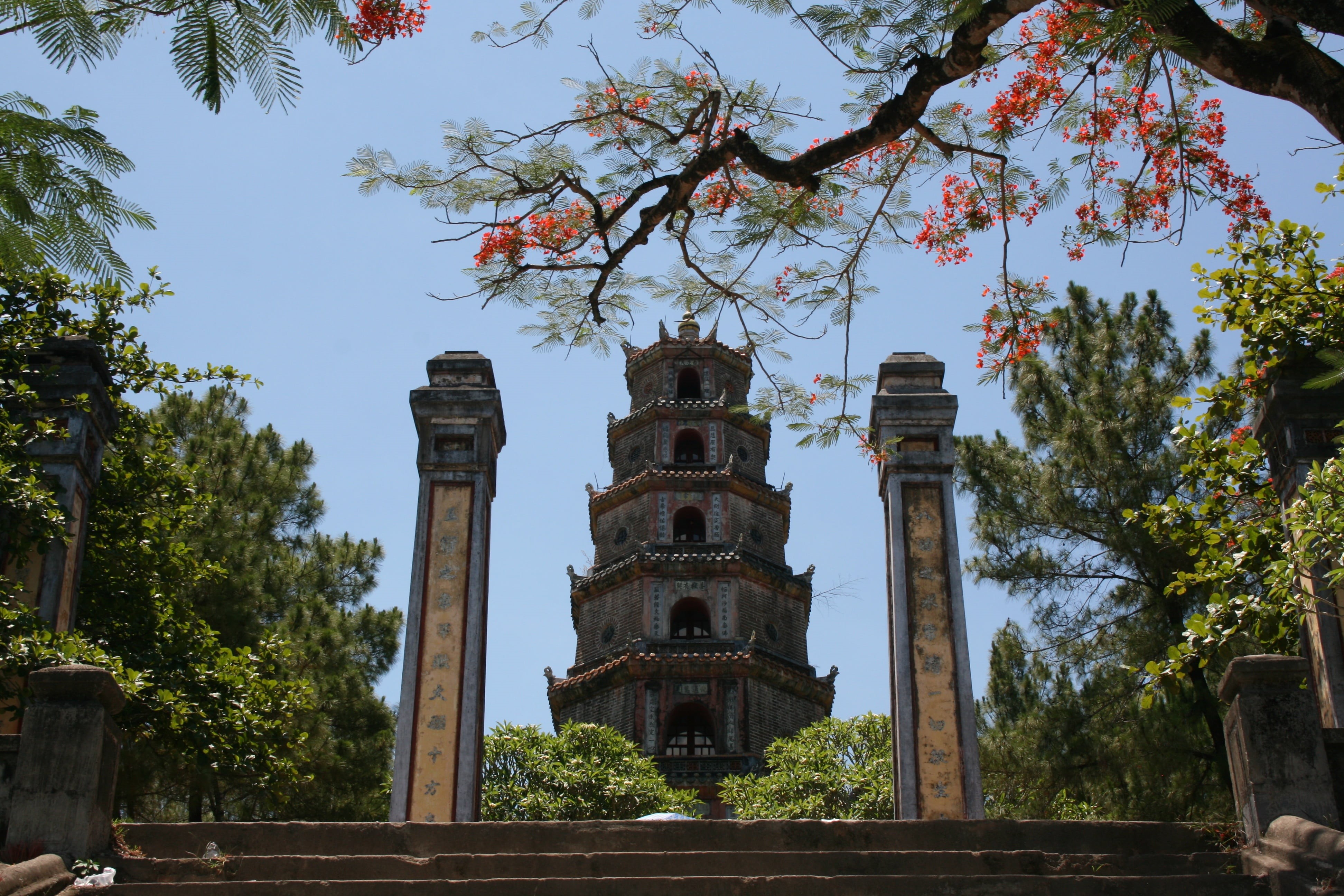 serenity, travel destinations, 1601, tranquility, green, architectural column, no people, flowers, day, faith, trees, garden, 4K, buddhist temple, place of worship, HD Wallpaper