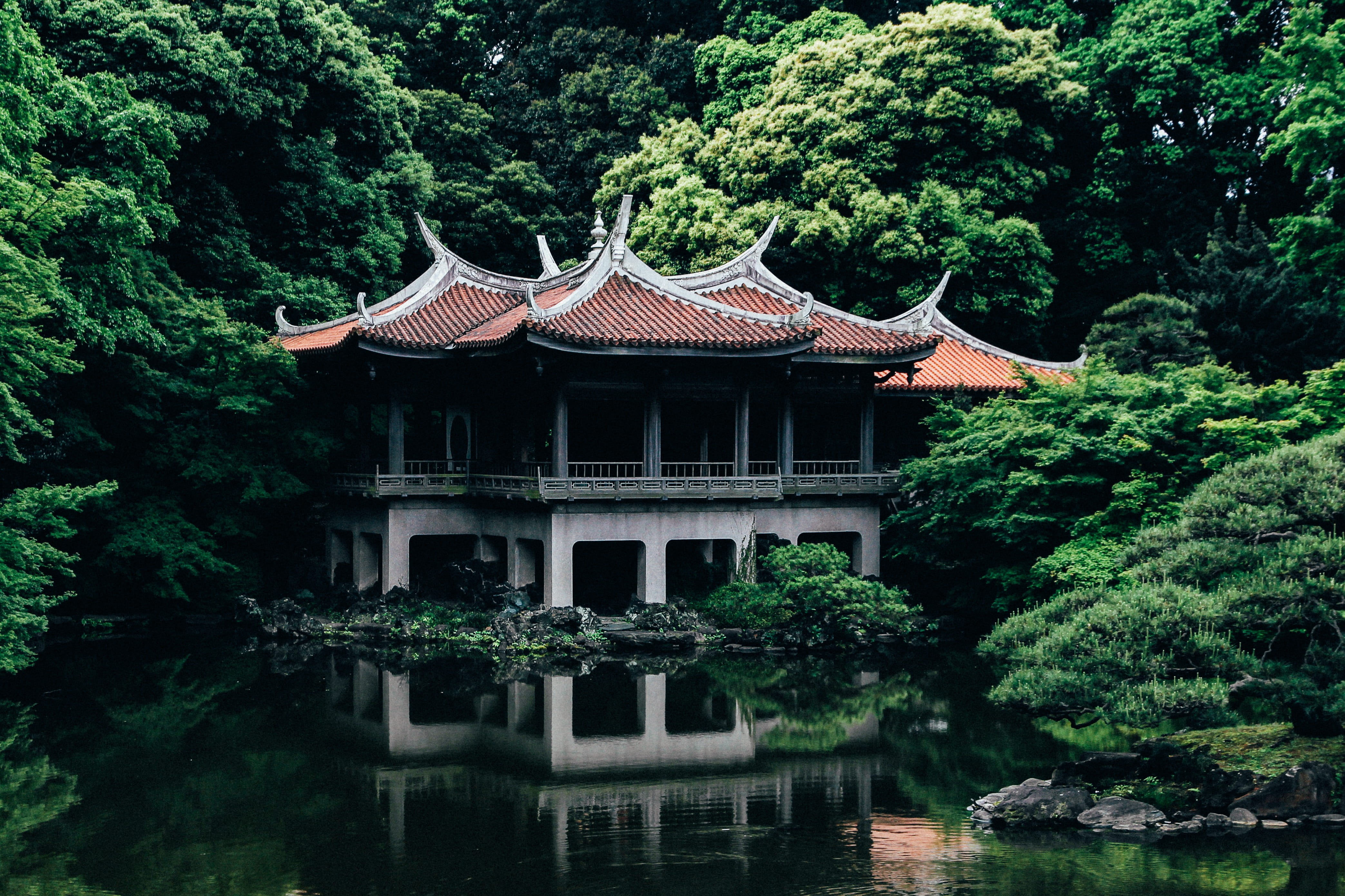 pavilion, plant, chinese Culture, water, architecture, cultures, house, ancient, tree, china - East Asia, brown, lake, nature, history, green color, religion, HD Wallpaper