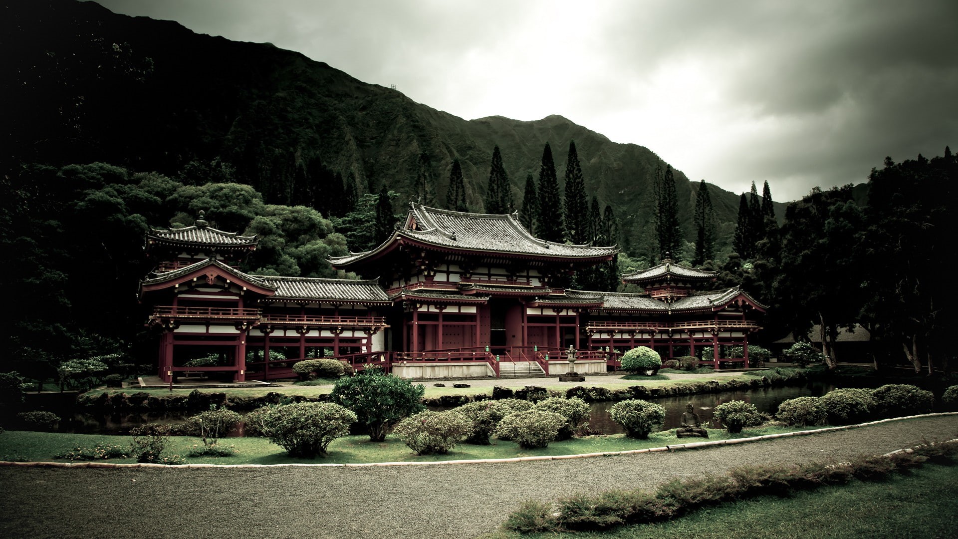 Asia, monastery, building, architecture, garden, plants, mountains, Japan, Japanese, nature, Asian architecture, path, 1080P, landscape, clouds, The Byodo-In Temple, HD Wallpaper